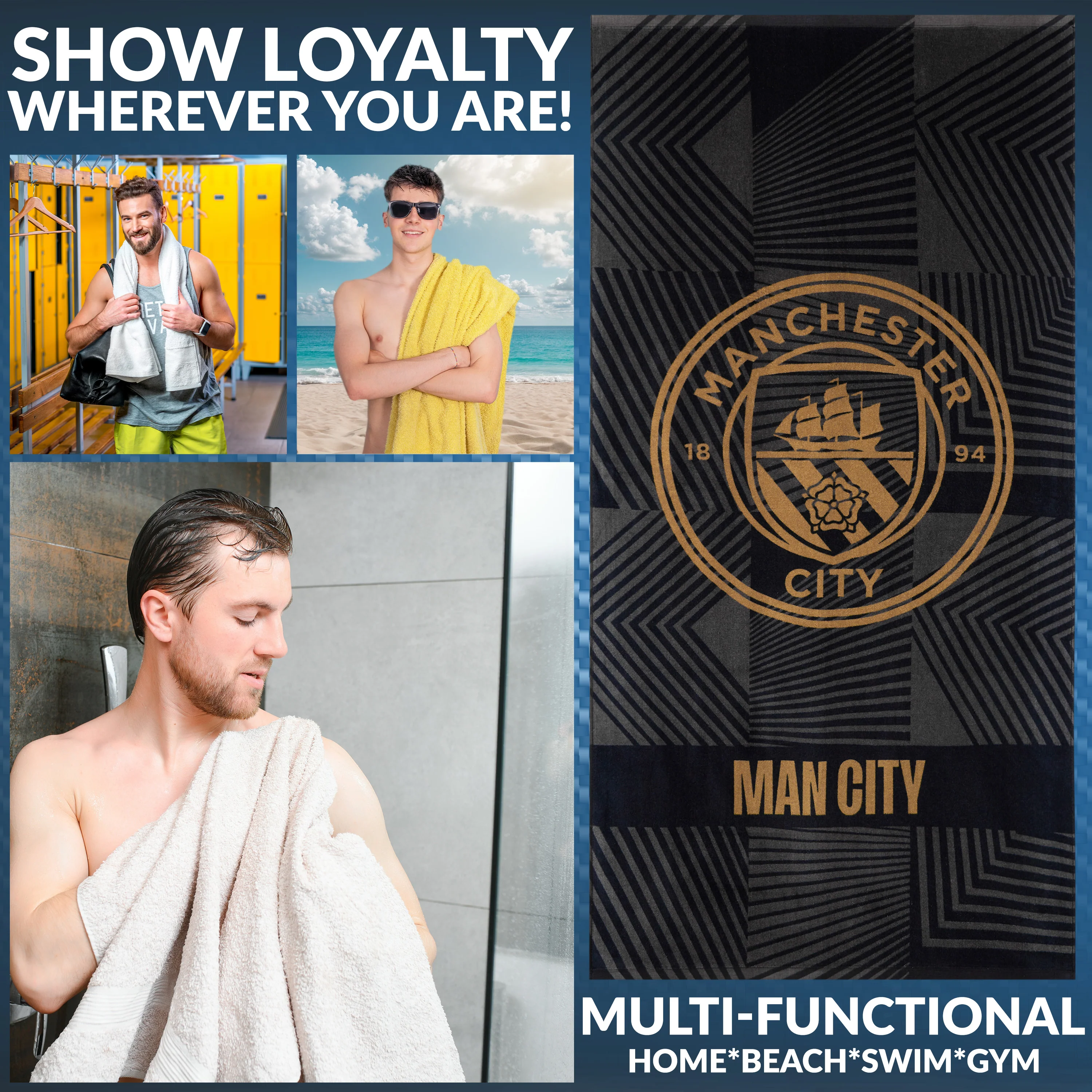 MANCHESTER CITY F.C. Bath Towel for Men Women Teens Boys 100% Cotton Quick Dry Football Crest Beach Towel Swim Gym Holiday Shower Supporters' Gear 137 x 69cm (Black, 137x68.5cm) - Image 3