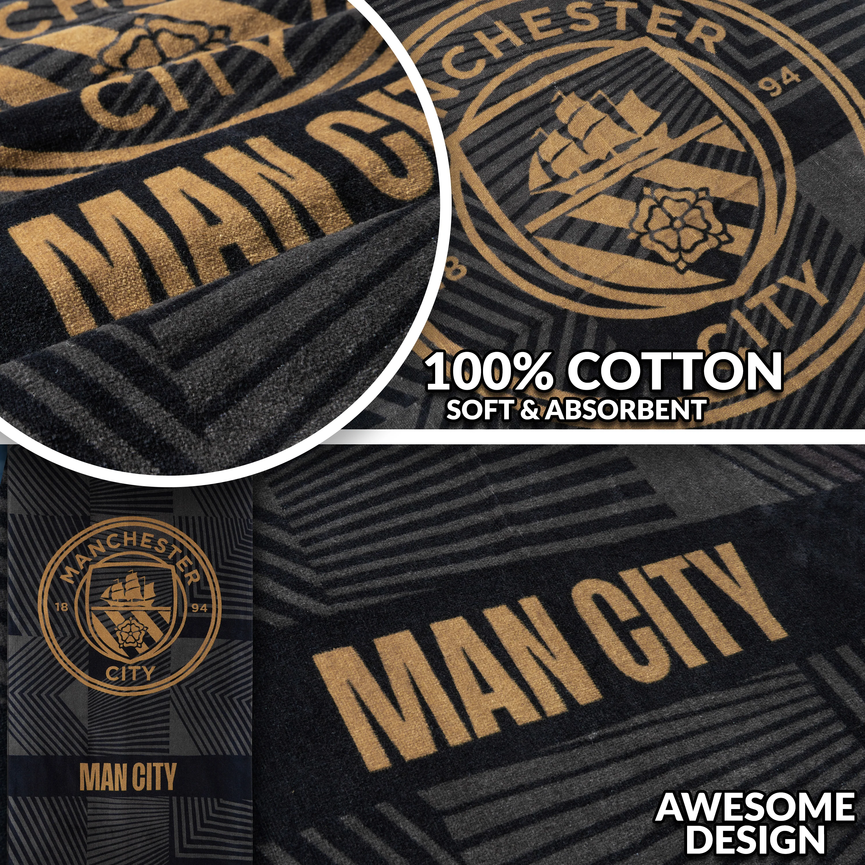 MANCHESTER CITY F.C. Bath Towel for Men Women Teens Boys 100% Cotton Quick Dry Football Crest Beach Towel Swim Gym Holiday Shower Supporters' Gear 137 x 69cm (Black, 137x68.5cm) - Image 4