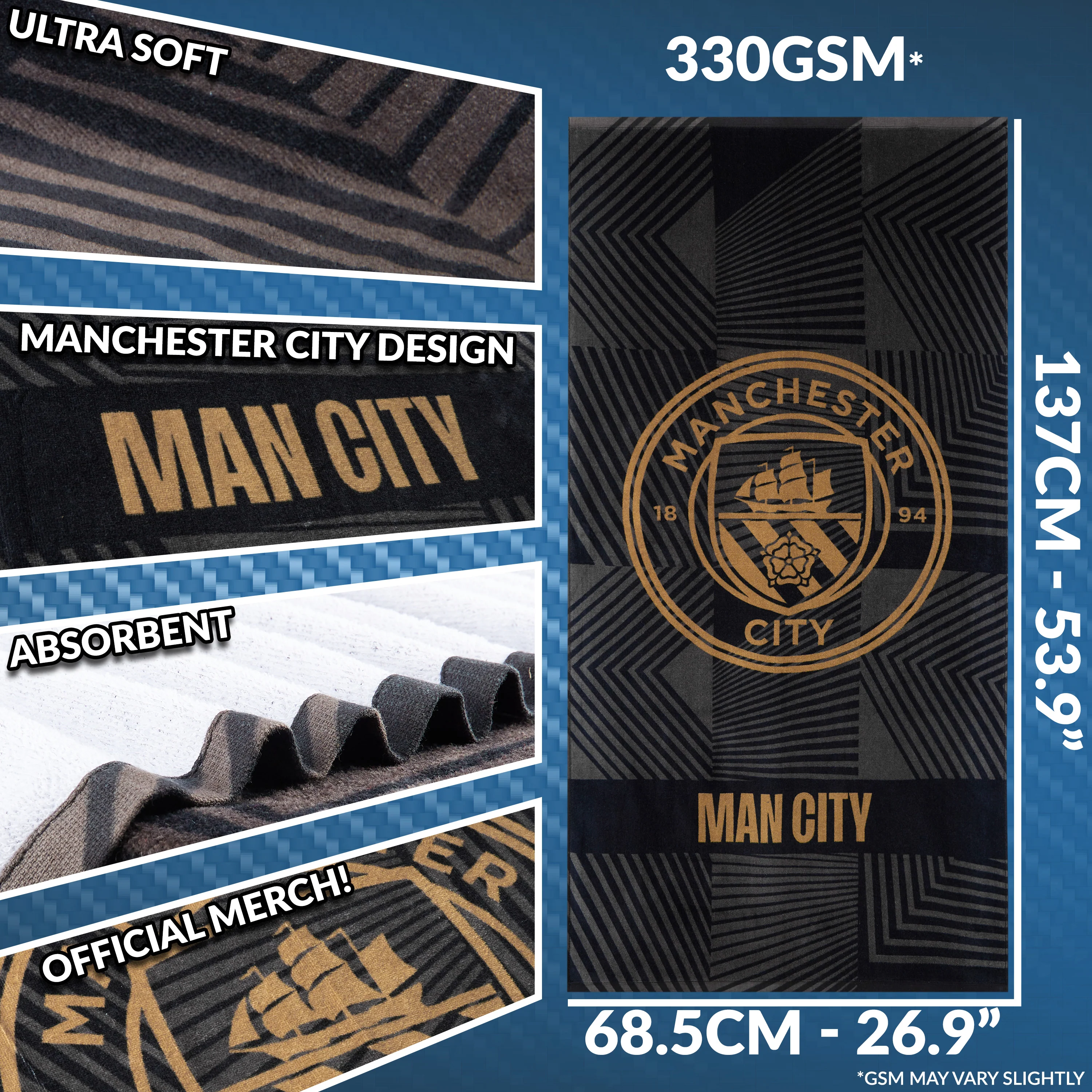 MANCHESTER CITY F.C. Bath Towel for Men Women Teens Boys 100% Cotton Quick Dry Football Crest Beach Towel Swim Gym Holiday Shower Supporters' Gear 137 x 69cm (Black, 137x68.5cm) - Image 6