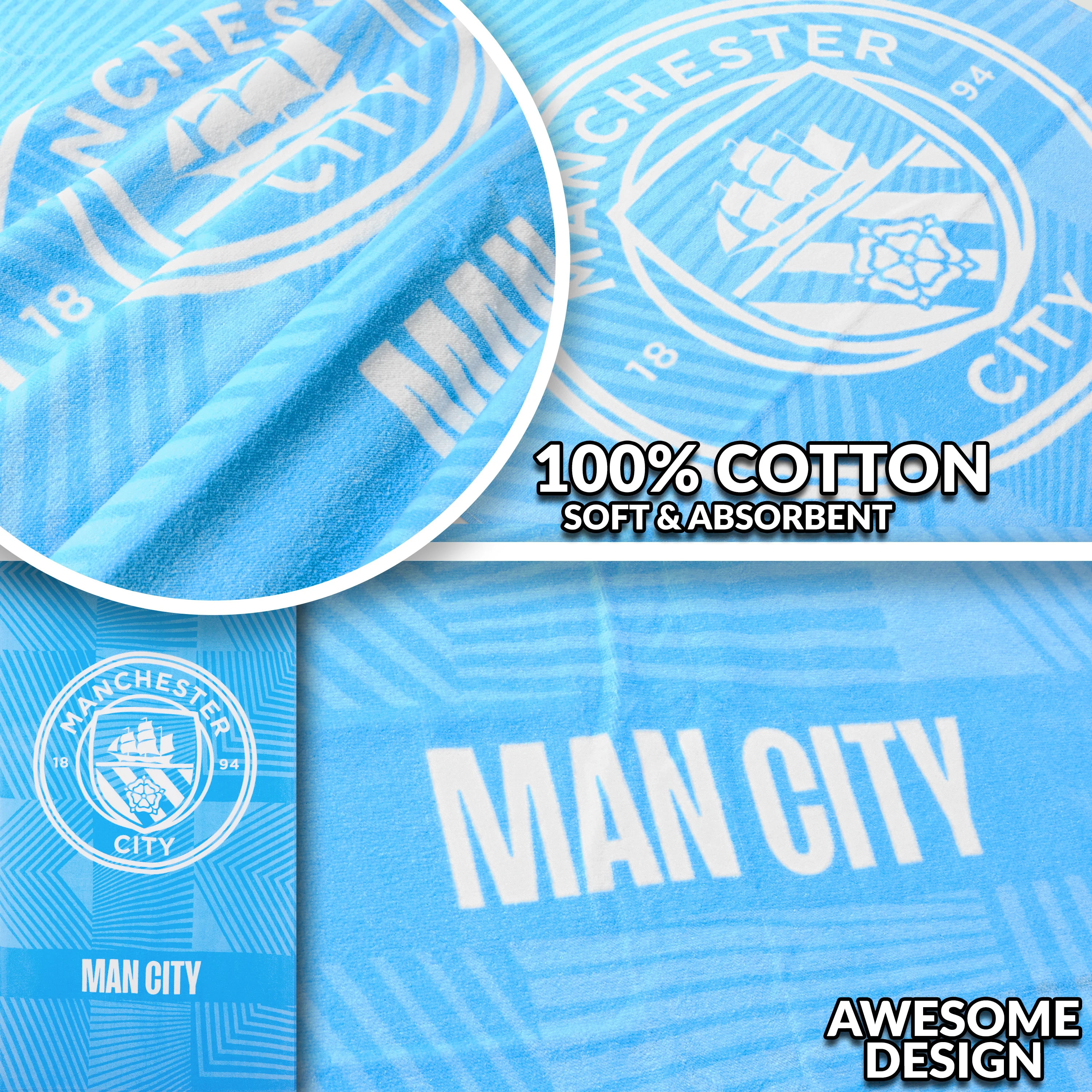 MANCHESTER CITY F.C. Bath Towel for Men Women Teens Boys 100% Cotton Quick Dry Football Crest Beach Towel Swim Gym Holiday Shower Supporters' Gear 137 x 69cm (Blue, 137x68.5cm) - Image 4