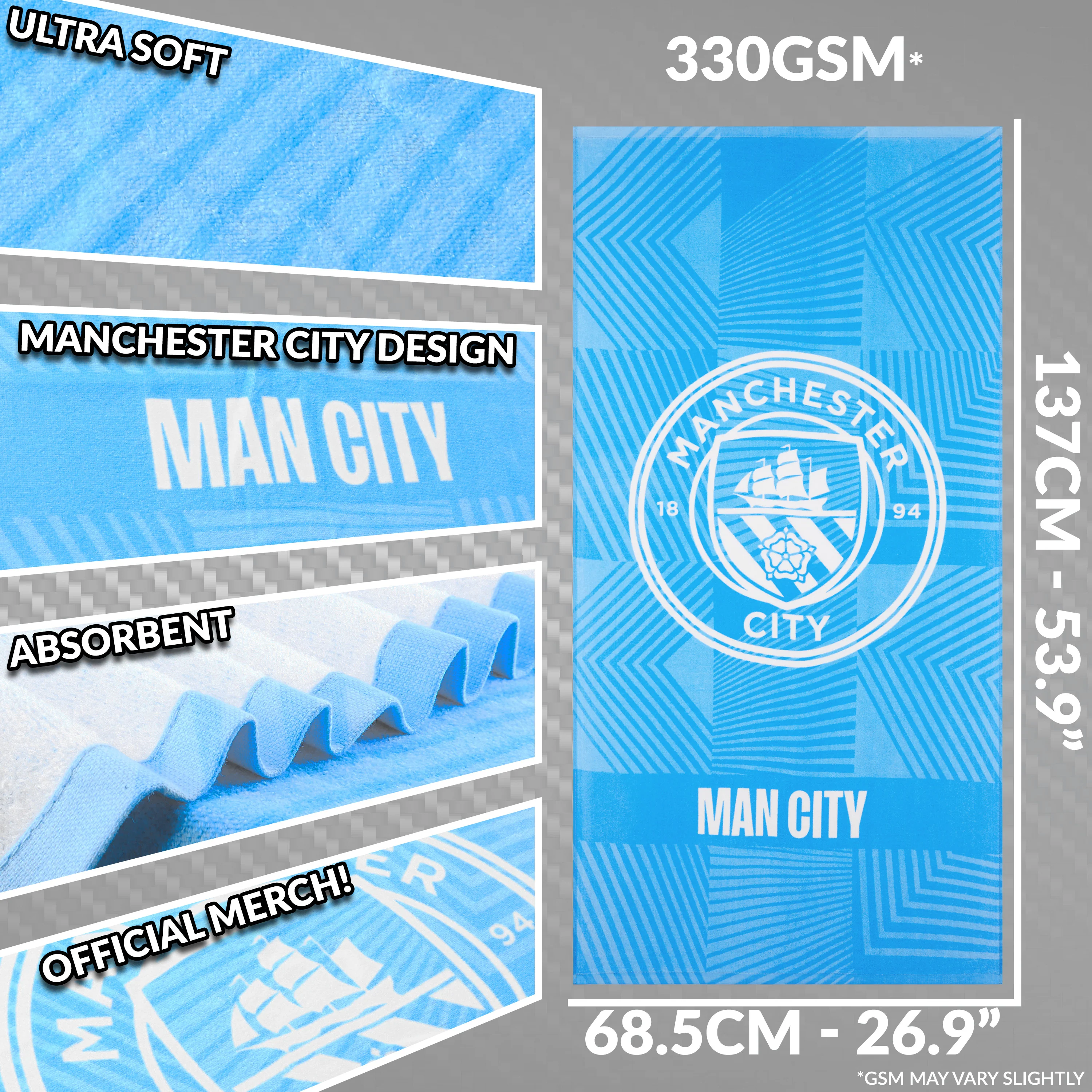 MANCHESTER CITY F.C. Bath Towel for Men Women Teens Boys 100% Cotton Quick Dry Football Crest Beach Towel Swim Gym Holiday Shower Supporters' Gear 137 x 69cm (Blue, 137x68.5cm) - Image 6