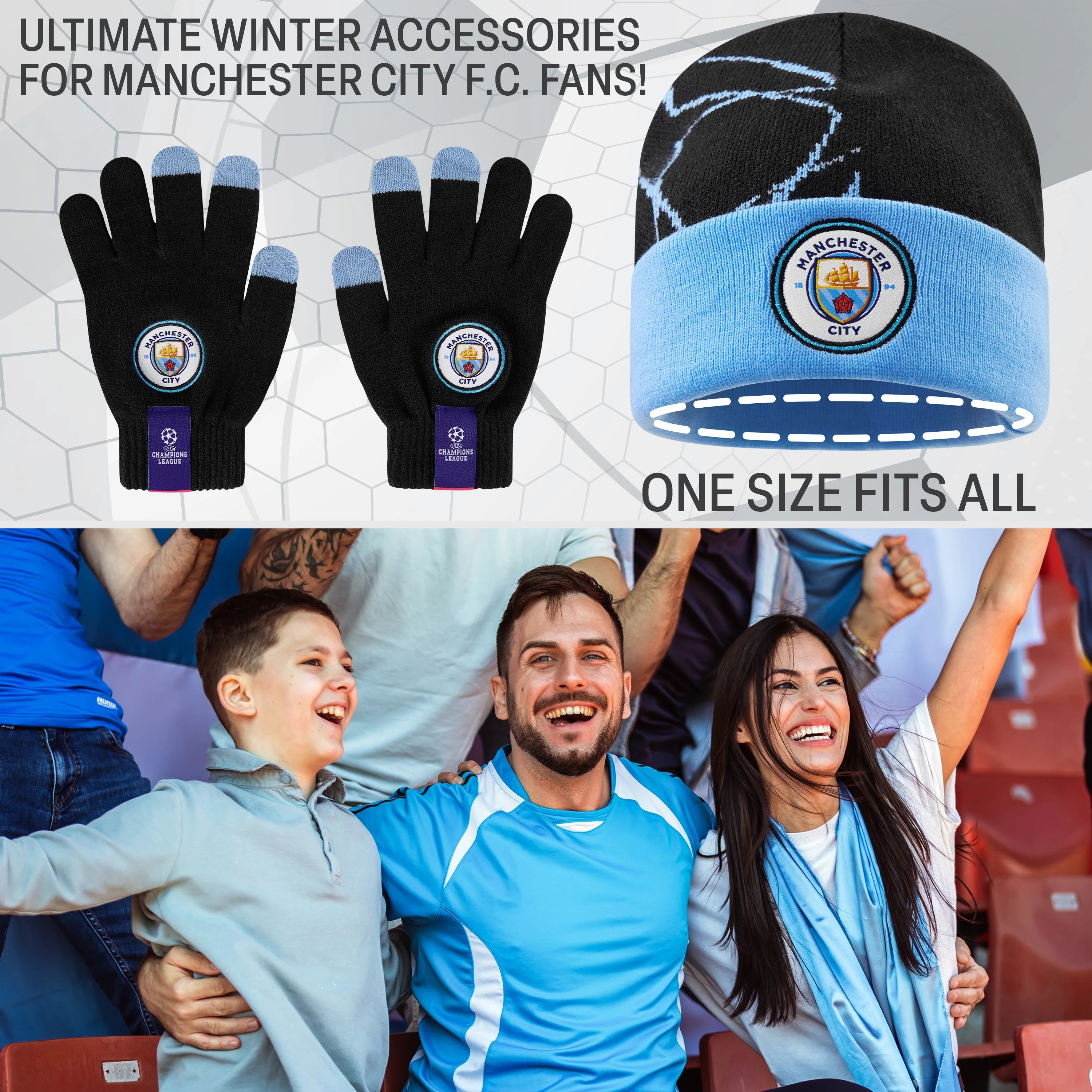 Manchester City F.C. Boys Beanie Hat & Gloves Set Winter Accessories, Boys Gifts - Image 6