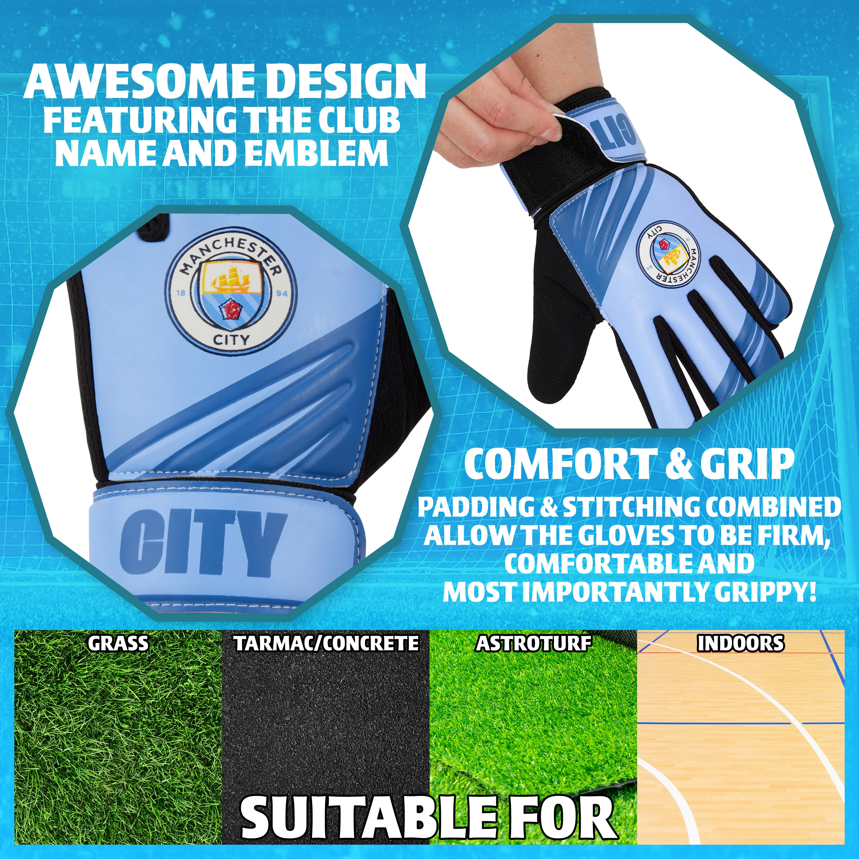 MANCHESTER CITY F.C. Goalkeeper Gloves for Kids Teenagers Non Slip Padded Palms Size 7 - Image 4