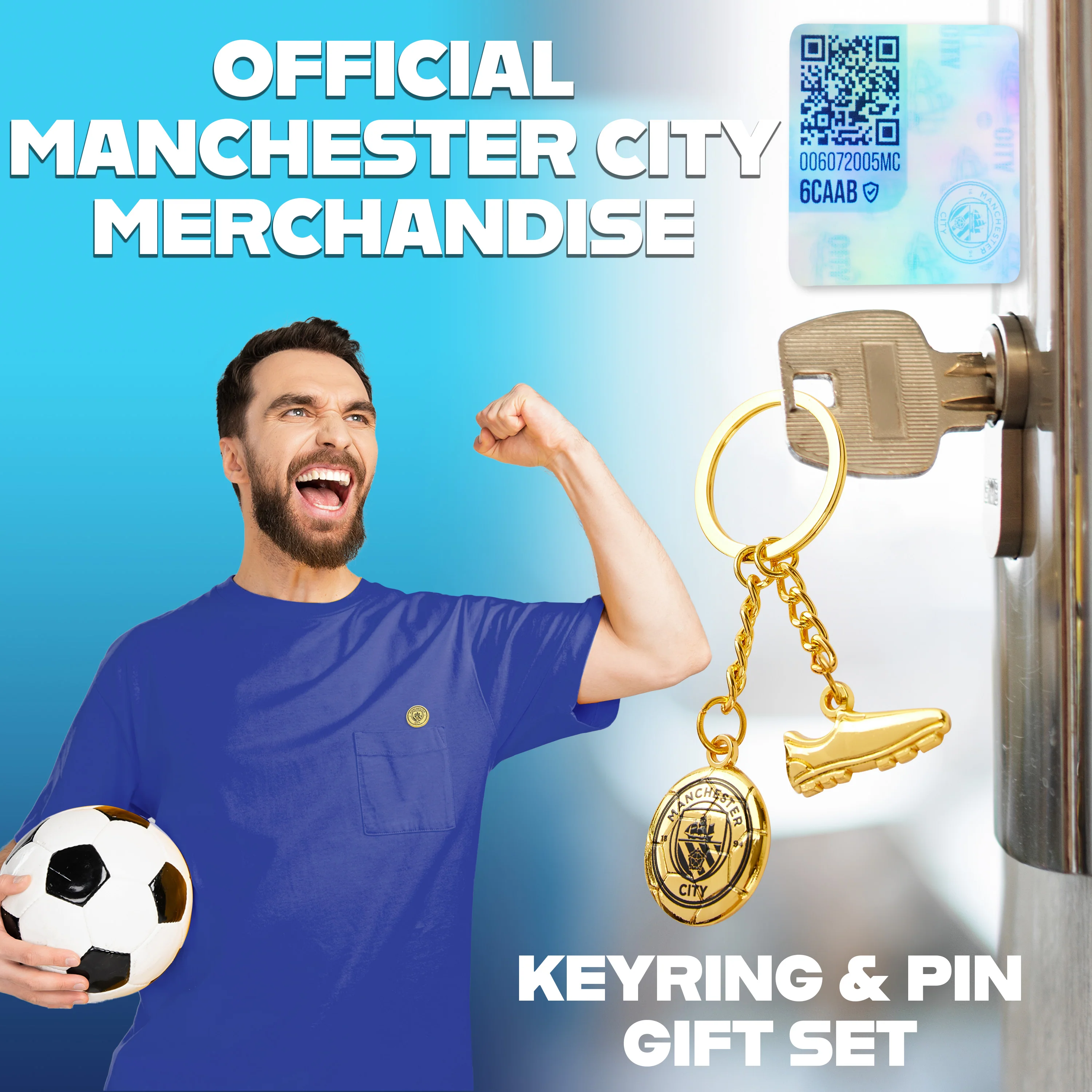 Manchester City F.C. Keyring and Pin Badge Gift Set, Supporters Gear - Man City Gifts - Image 4