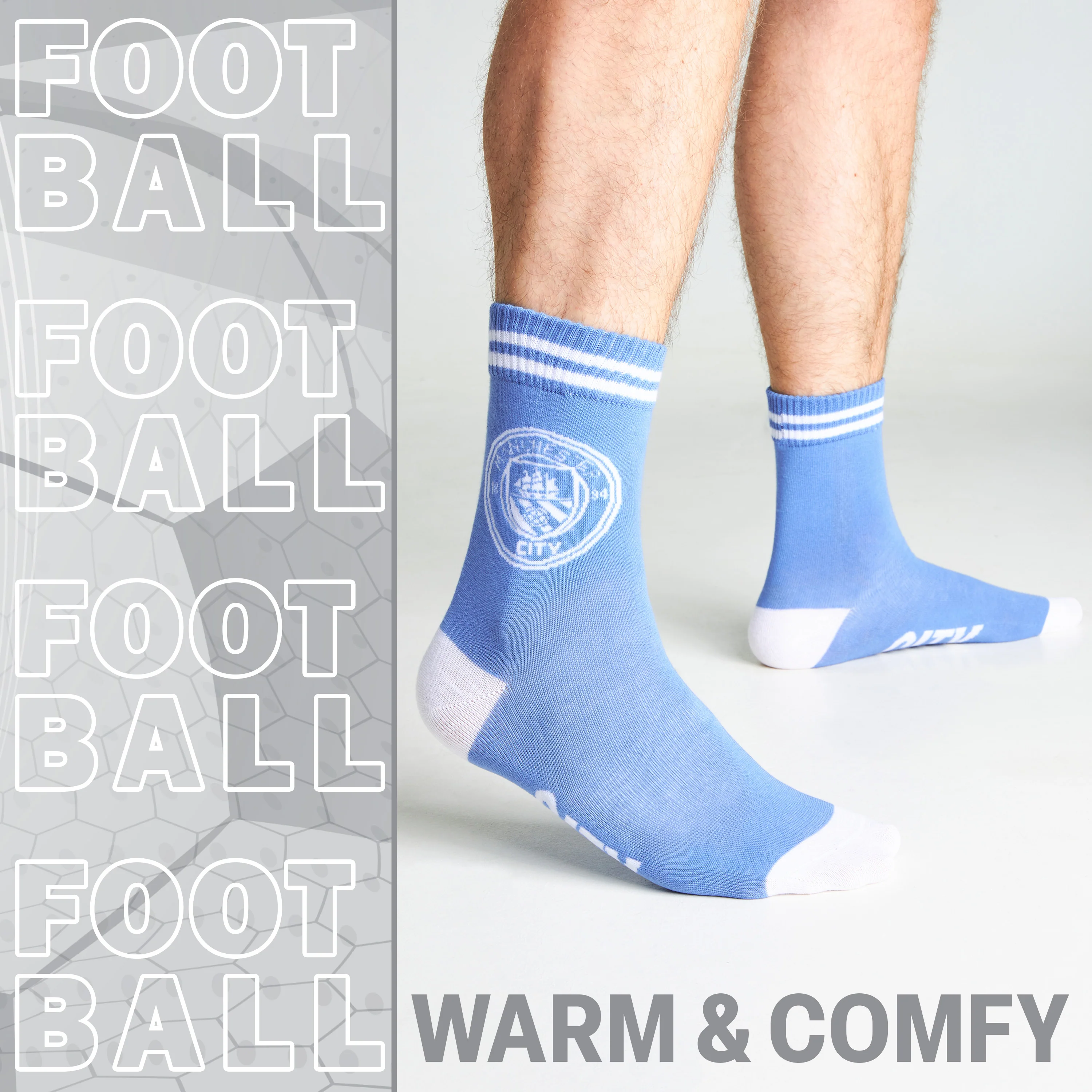 Manchester City F.C. Men 2-Pack Calf Length Socks with Mini Football, Breathable & Comfy - Image 3