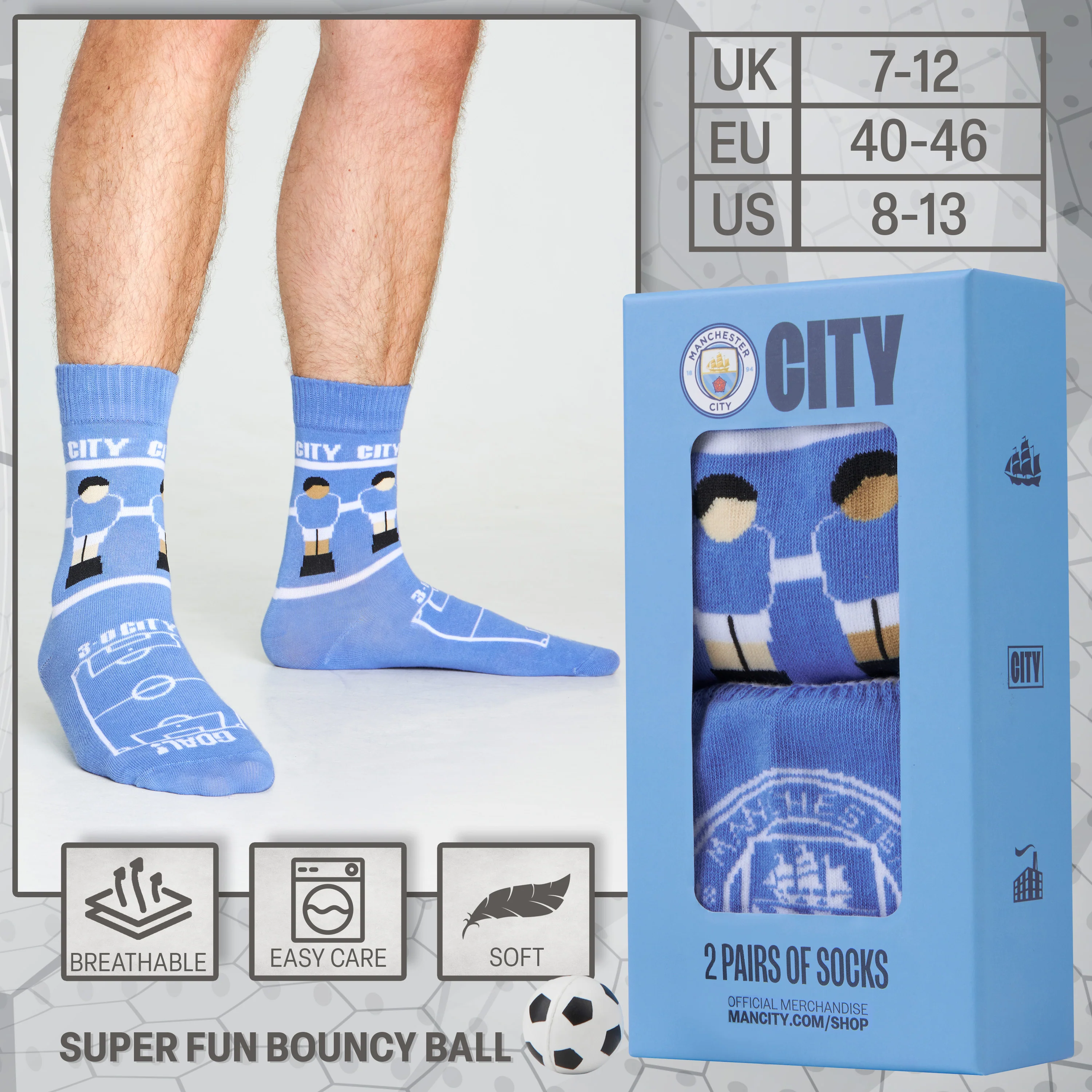 Manchester City F.C. Men 2-Pack Calf Length Socks with Mini Football, Breathable & Comfy - Image 6