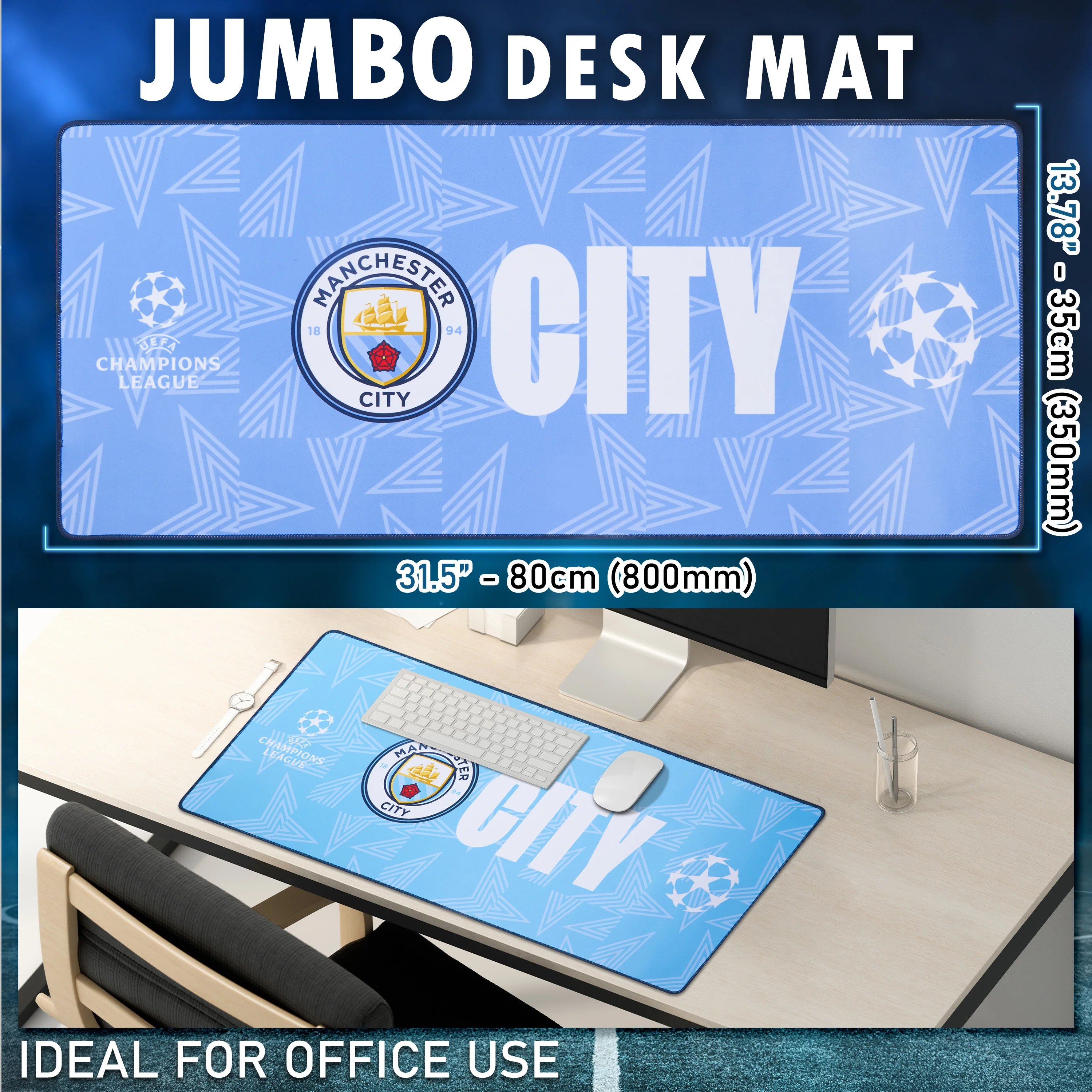 Manchester City F.C. Mouse Mat Large Desk Mat Gaming PC Keyboard Laptop Mouse Pad 80 x 35cm Protector Mat Non Slip Home Office Desk Accessories Football Gifts - Image 2