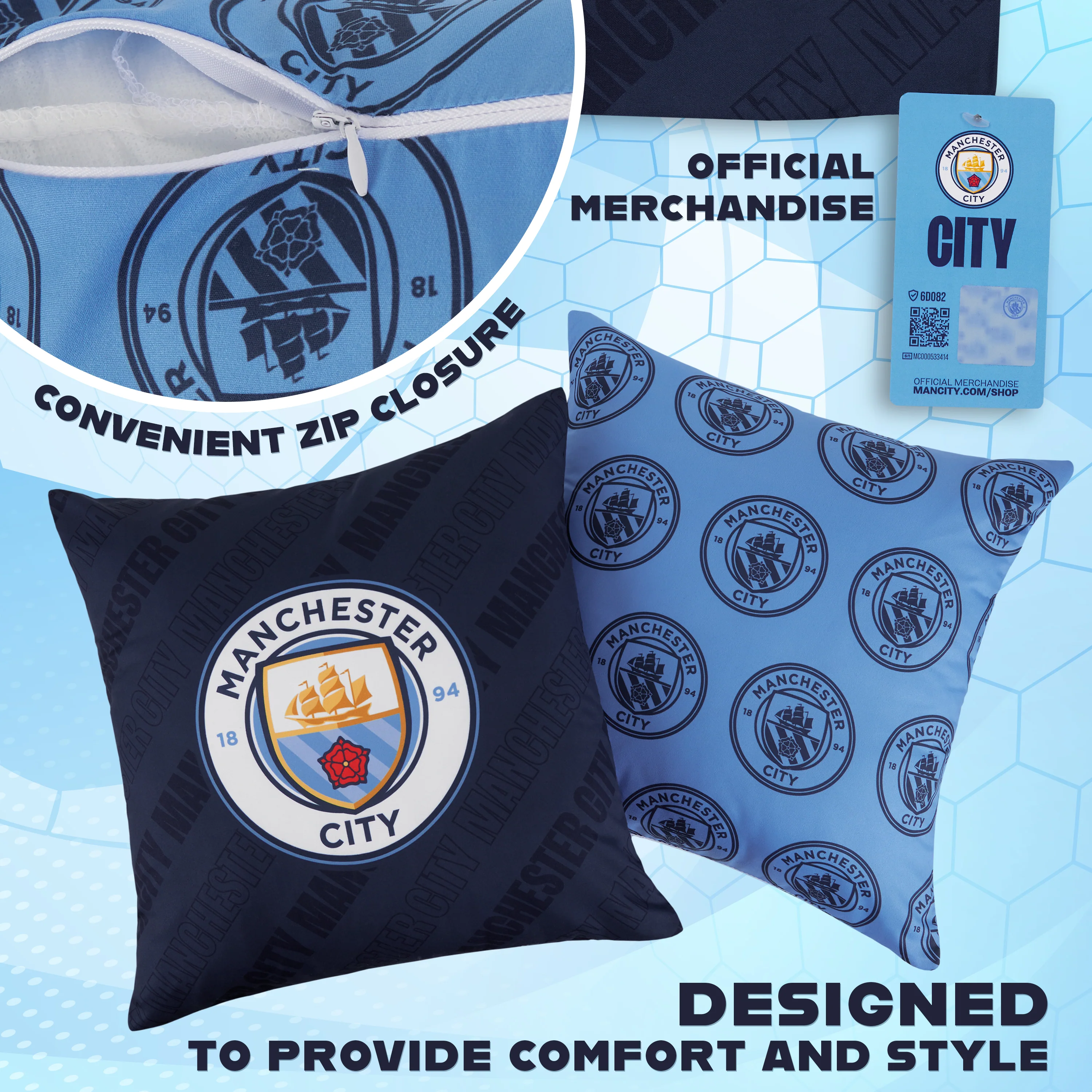 Manchester City F.C. Square Cushion Covers, 39 x 39cm Cushion Cover Pack of 2 - Image 3