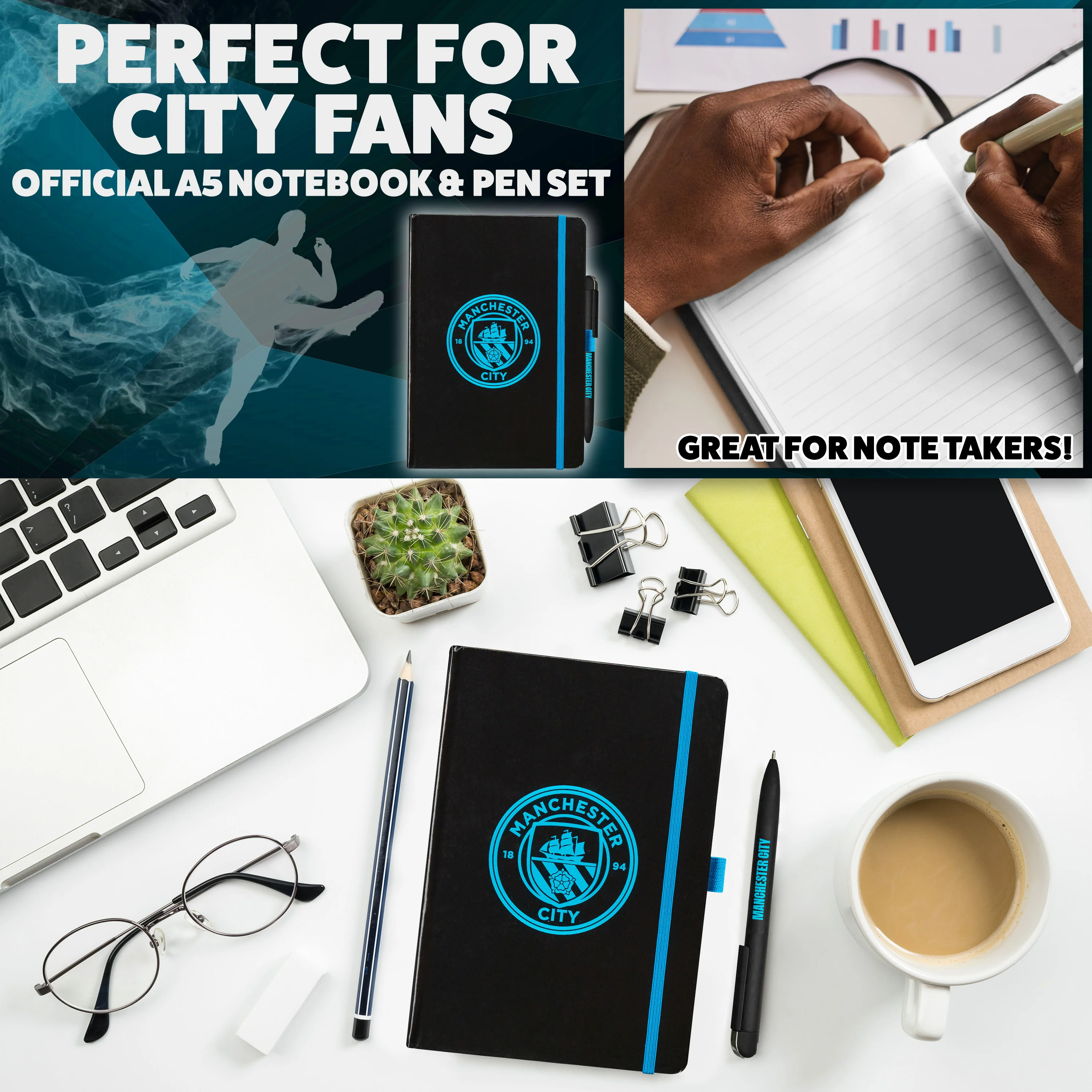 Manchester City F.C. Supporters' Gear Stationery Set A4 Notebook & Pen - Gifts - Image 6