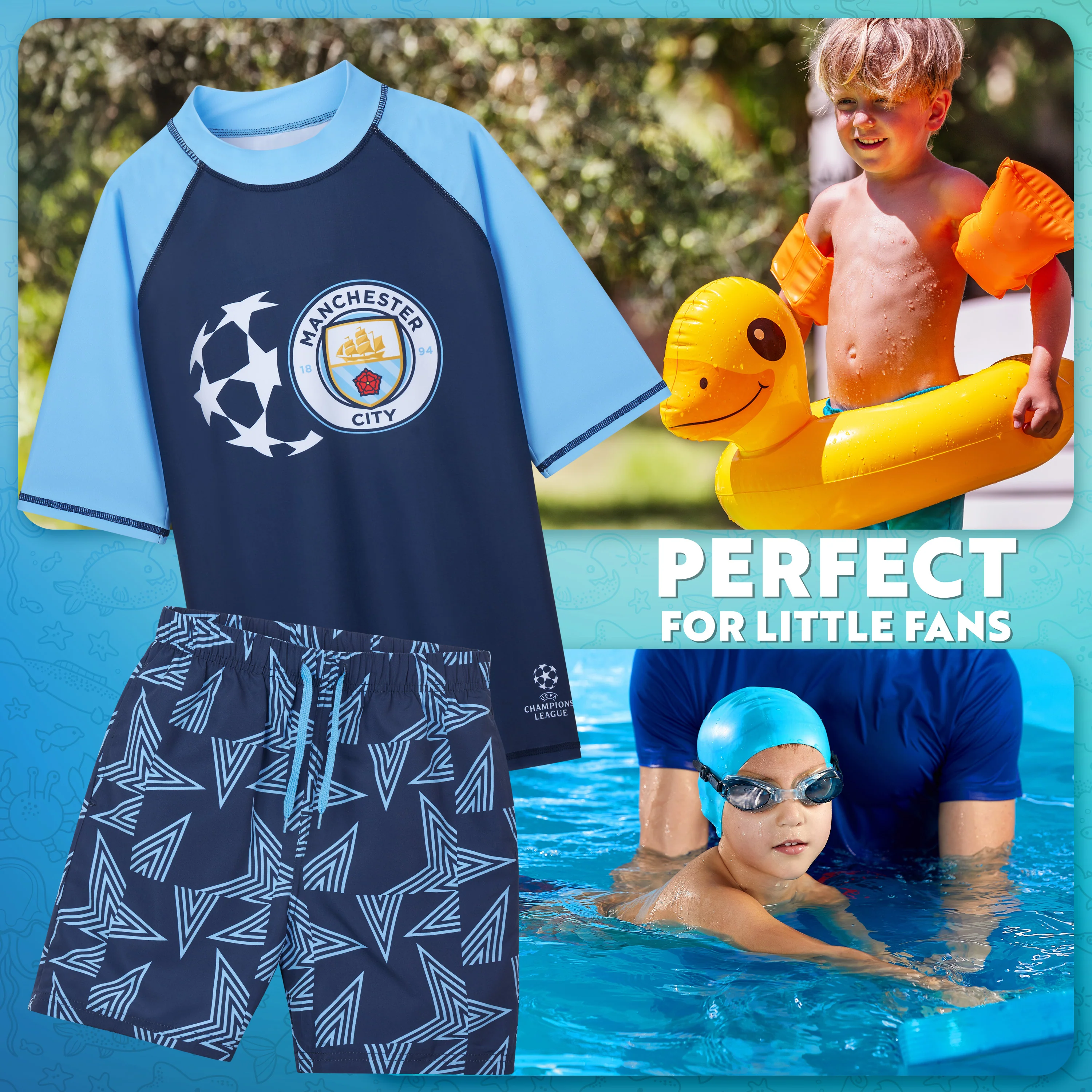MANCHESTER CITY F.C. Swimsuit Set Boys 2 Pcs Swimming Costume Swim Shorts Rash Vest - Image 2