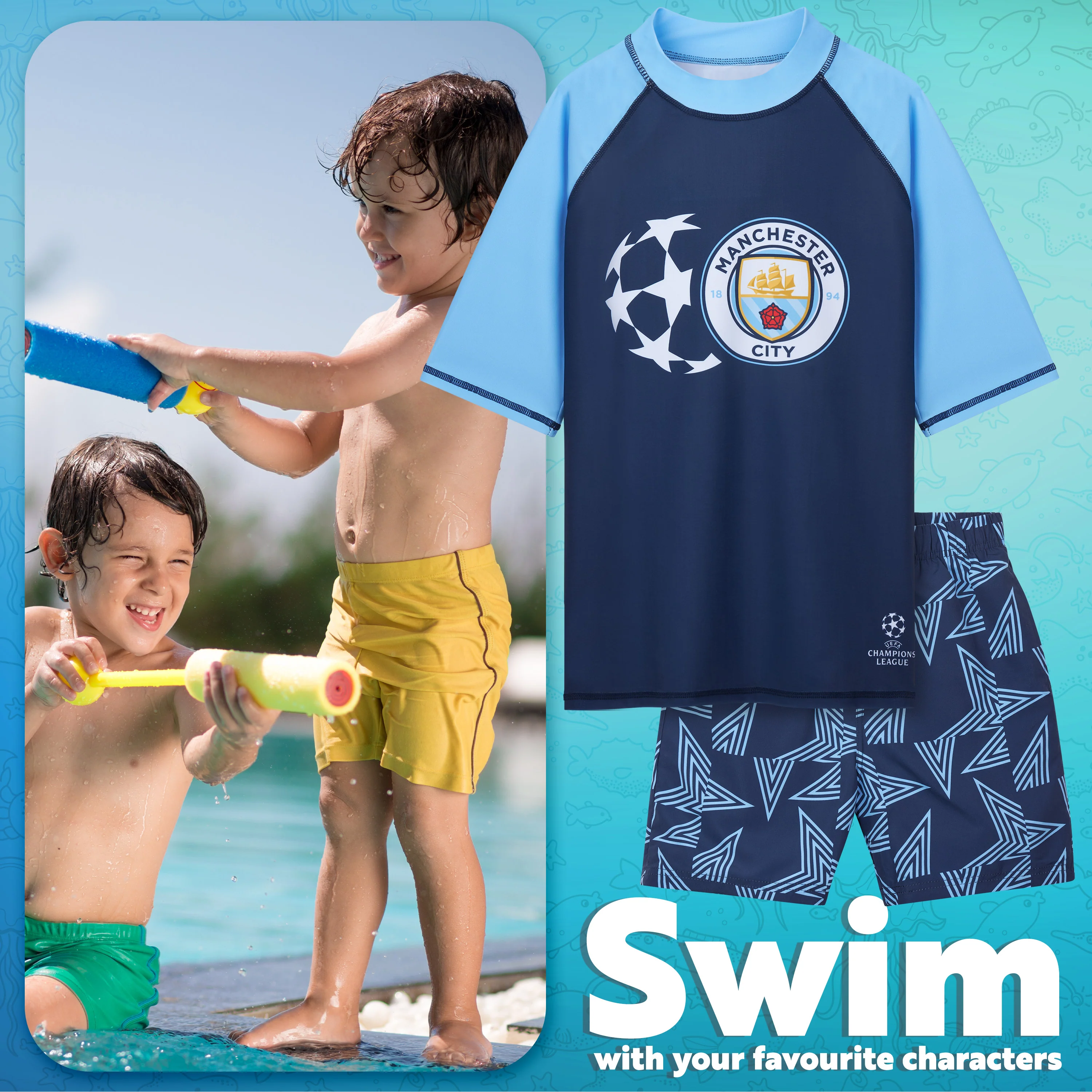 MANCHESTER CITY F.C. Swimsuit Set Boys 2 Pcs Swimming Costume Swim Shorts Rash Vest - Image 3