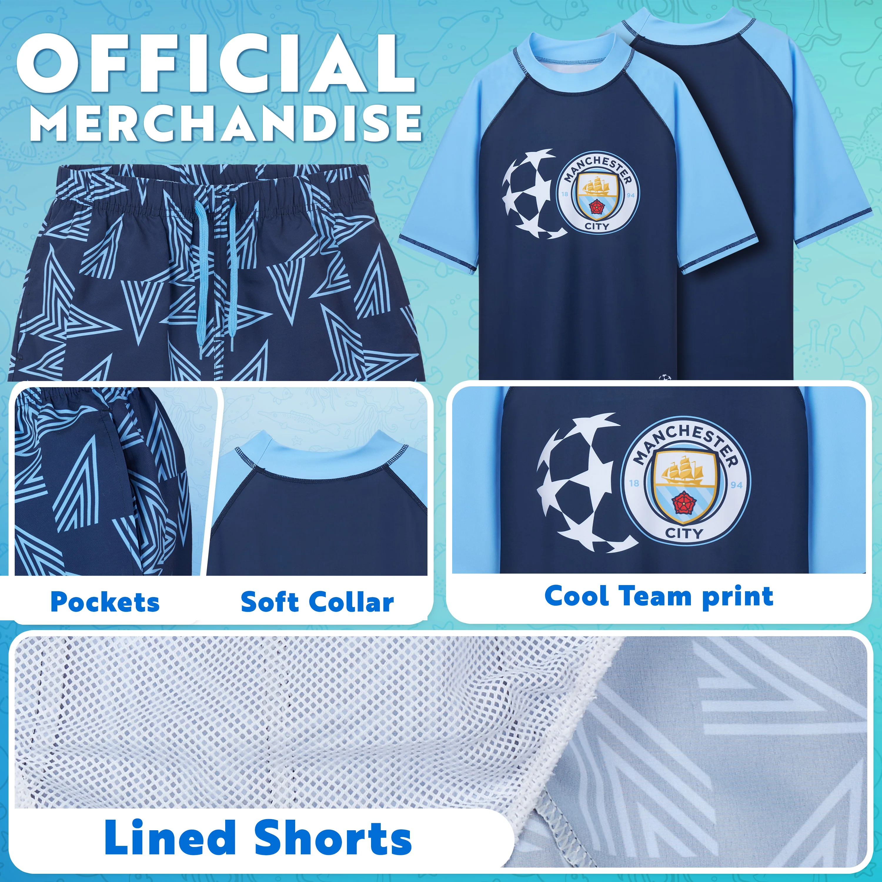 MANCHESTER CITY F.C. Swimsuit Set Boys 2 Pcs Swimming Costume Swim Shorts Rash Vest - Image 4