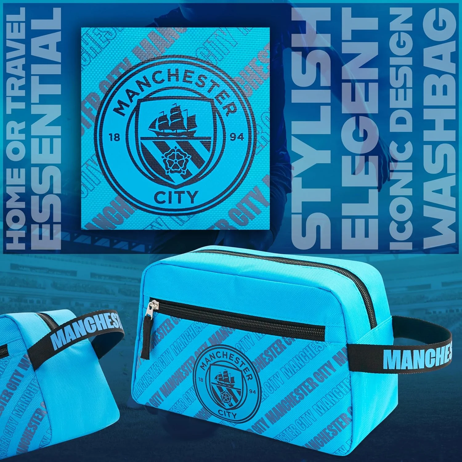 Manchester City F.C. Toiletry Bags for Men, Hanging Wash Bag with Zipped Pocket - Image 4
