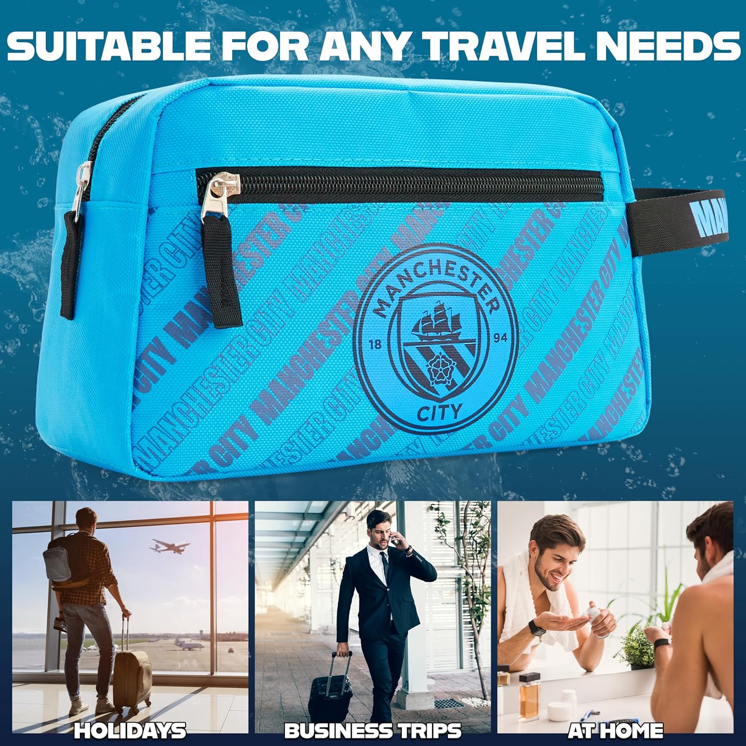 Manchester City F.C. Toiletry Bags for Men, Hanging Wash Bag with Zipped Pocket - Image 5