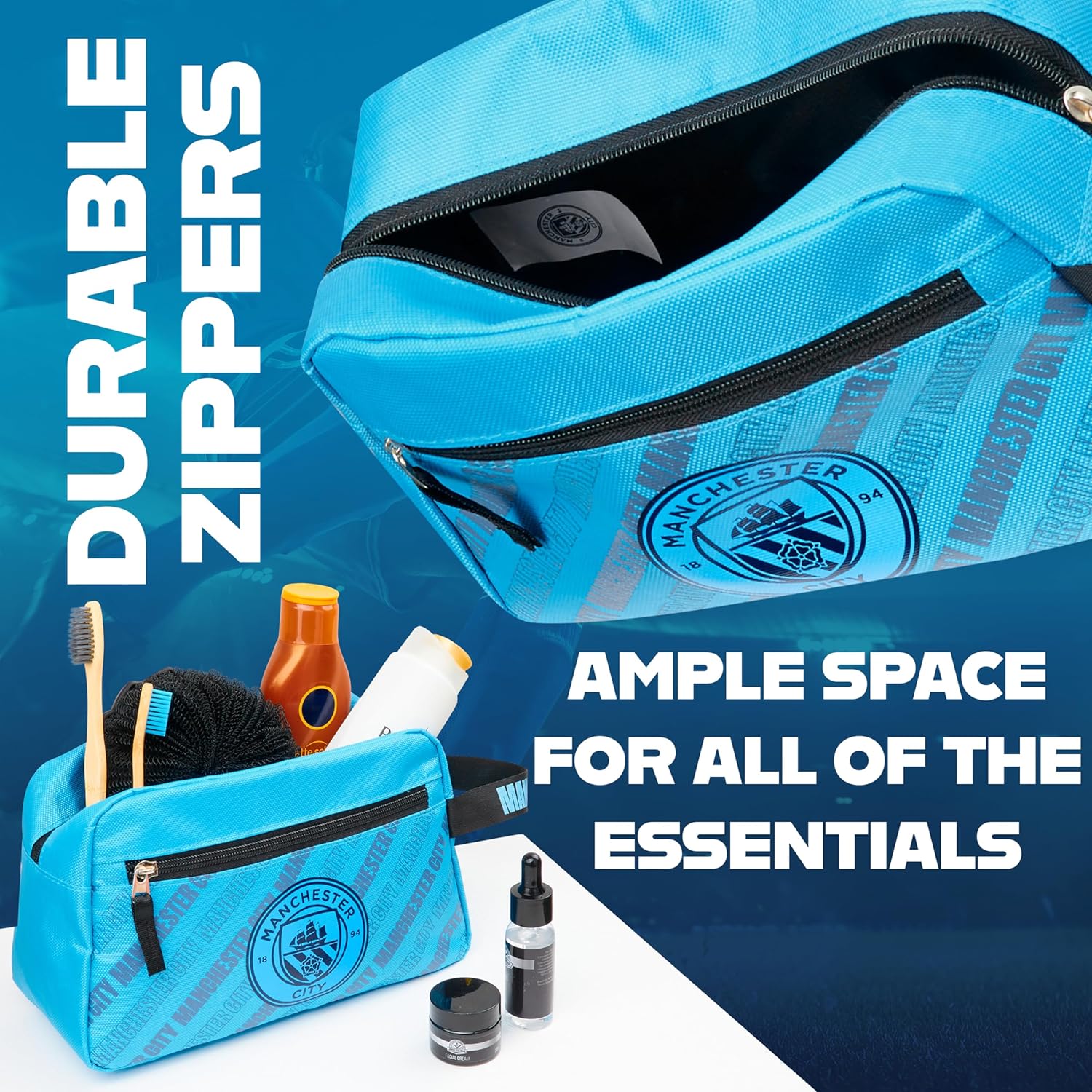 Manchester City F.C. Toiletry Bags for Men, Hanging Wash Bag with Zipped Pocket - Image 6