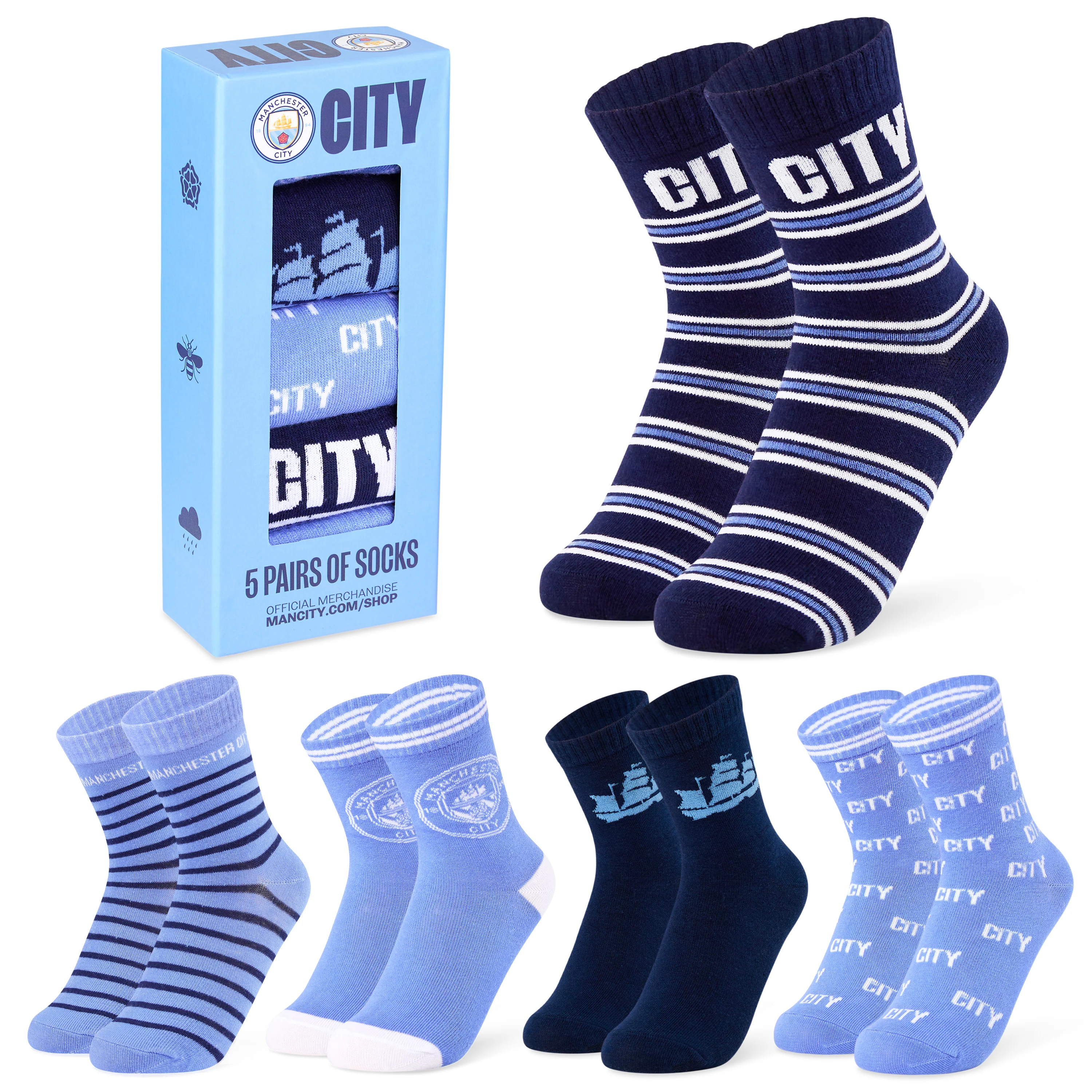 MANCHESTER CITY FC Boys Socks - Pack of 5 Crew Socks for Boys Teenagers