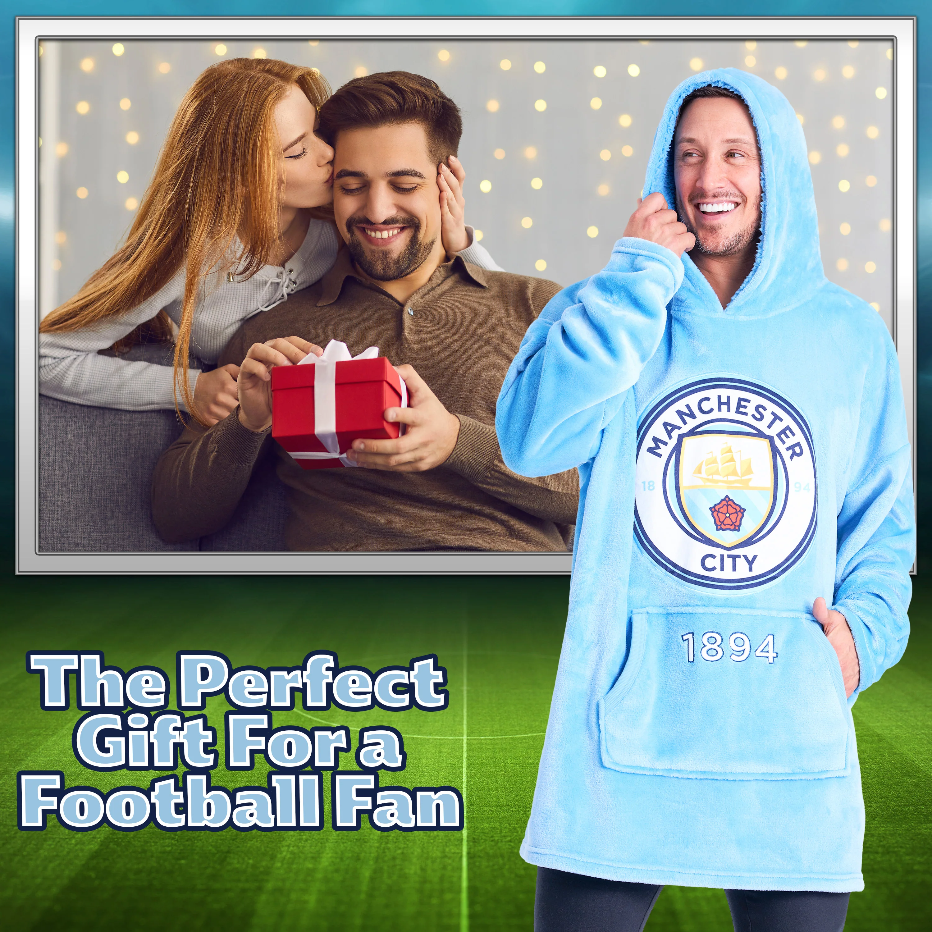 MANCHESTER CITY FC Mens Hoodies, Fleece Oversized Hoodie Blanket, Football Gifts for Men Blue - Image 2