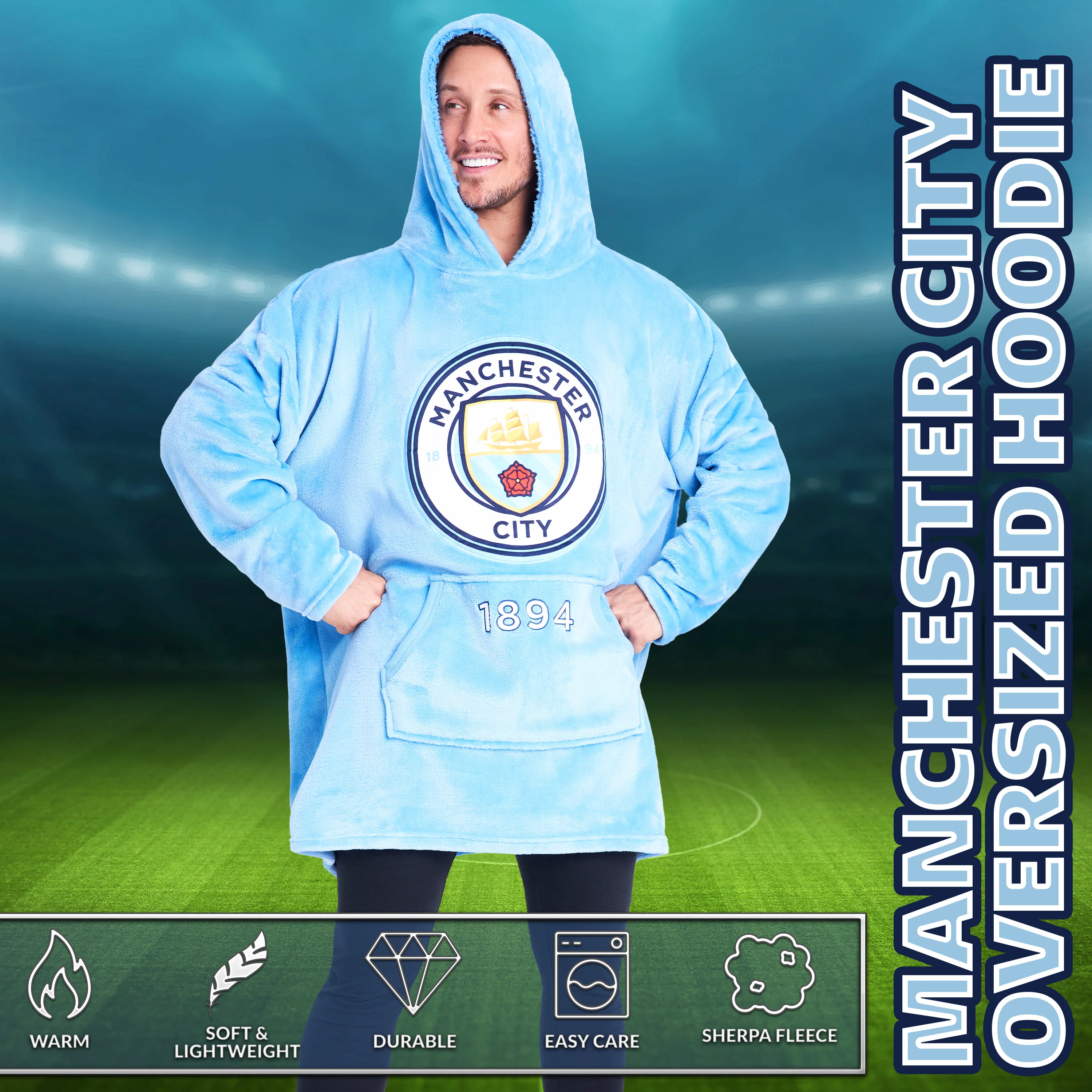 MANCHESTER CITY FC Mens Hoodies, Fleece Oversized Hoodie Blanket, Football Gifts for Men Blue - Image 5