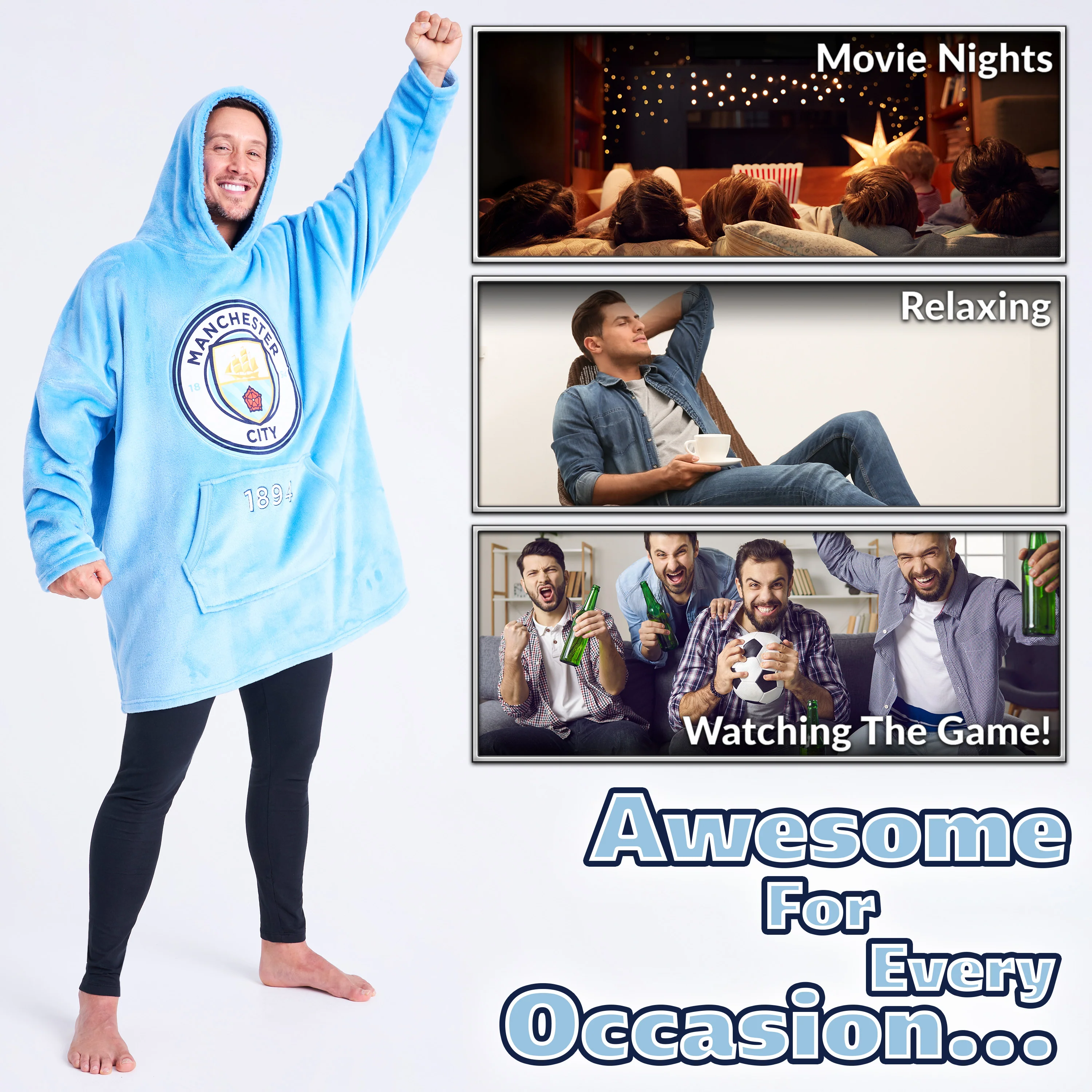 MANCHESTER CITY FC Mens Hoodies, Fleece Oversized Hoodie Blanket, Football Gifts for Men Blue - Image 4