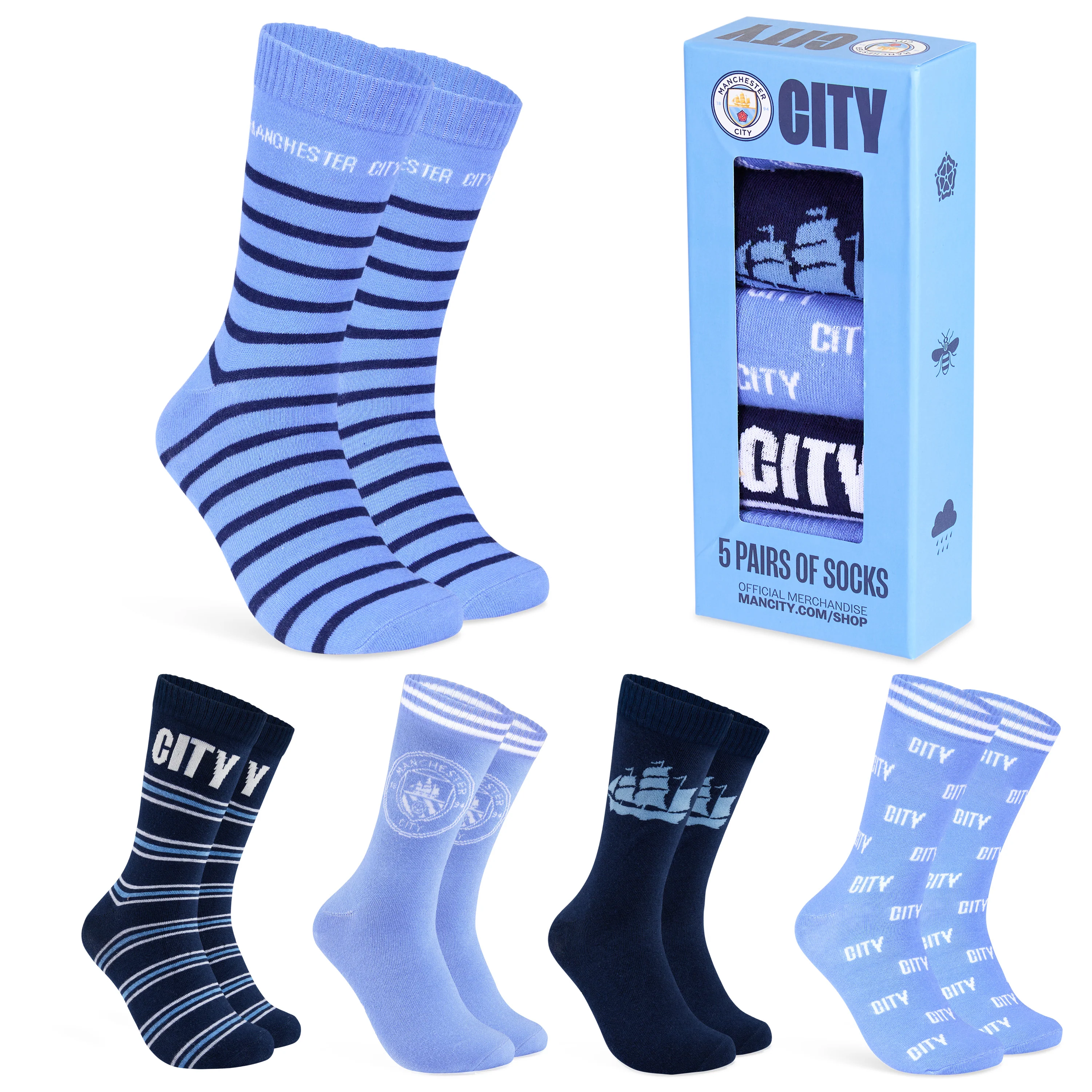 Manchester City FC Mens Socks - Pack of 5 Crew Socks for Men