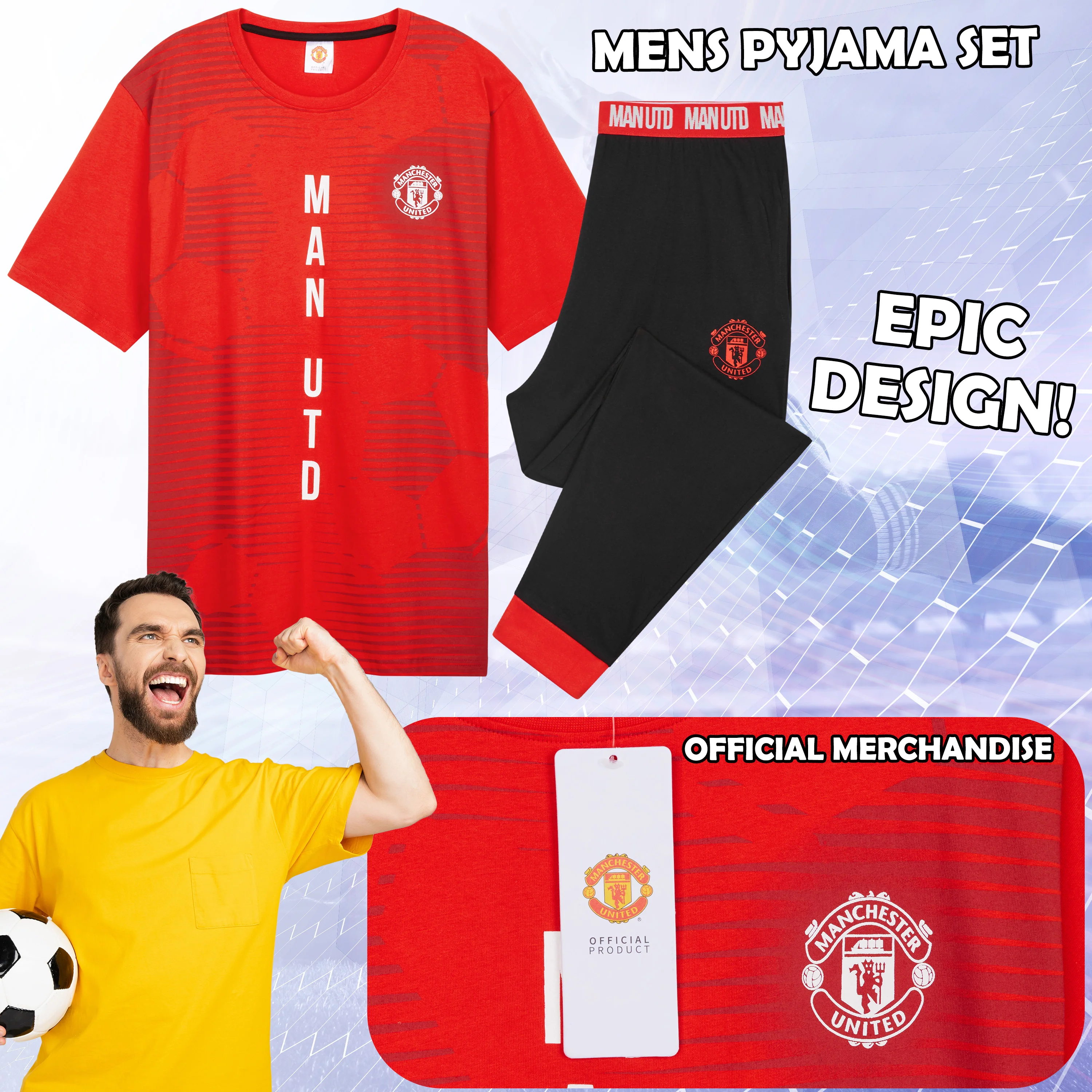 Manchester United F.C. Mens Pyjamas Set, Cotton Loungewear - Man United Gifts - Image 3