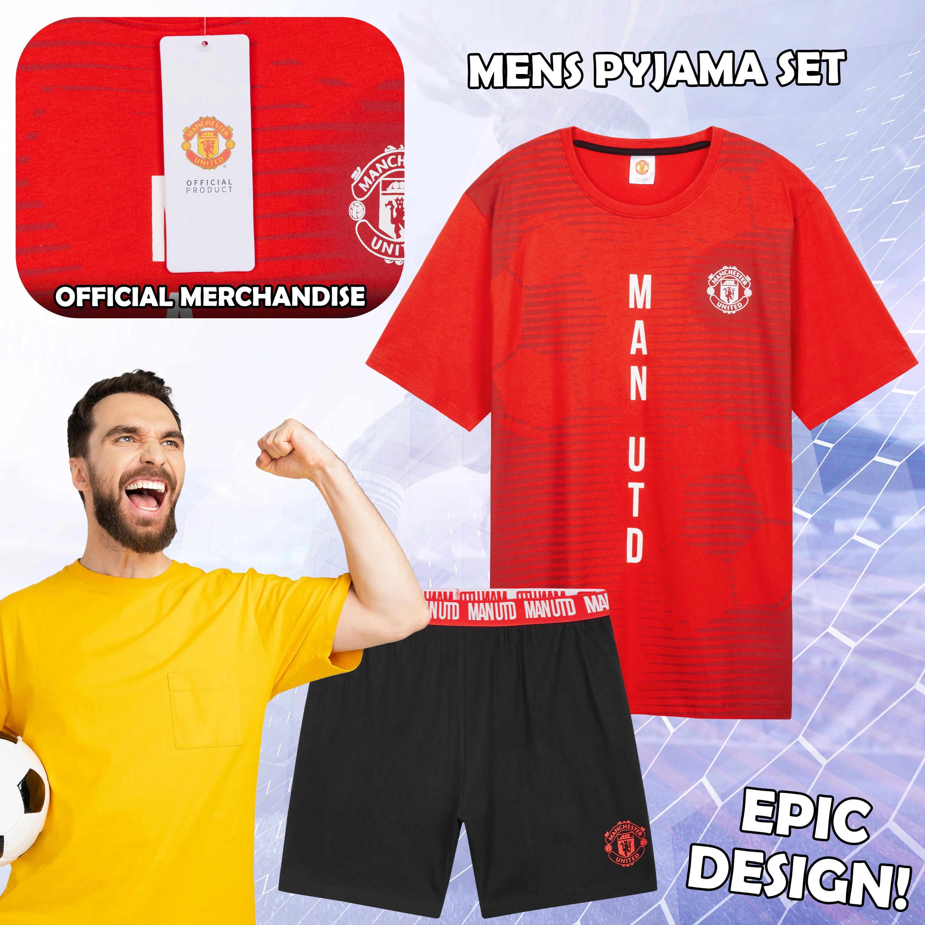 Manchester United F.C. Mens Short Pyjamas Set, Breathable 2 Piece Lounge Wear - Image 3