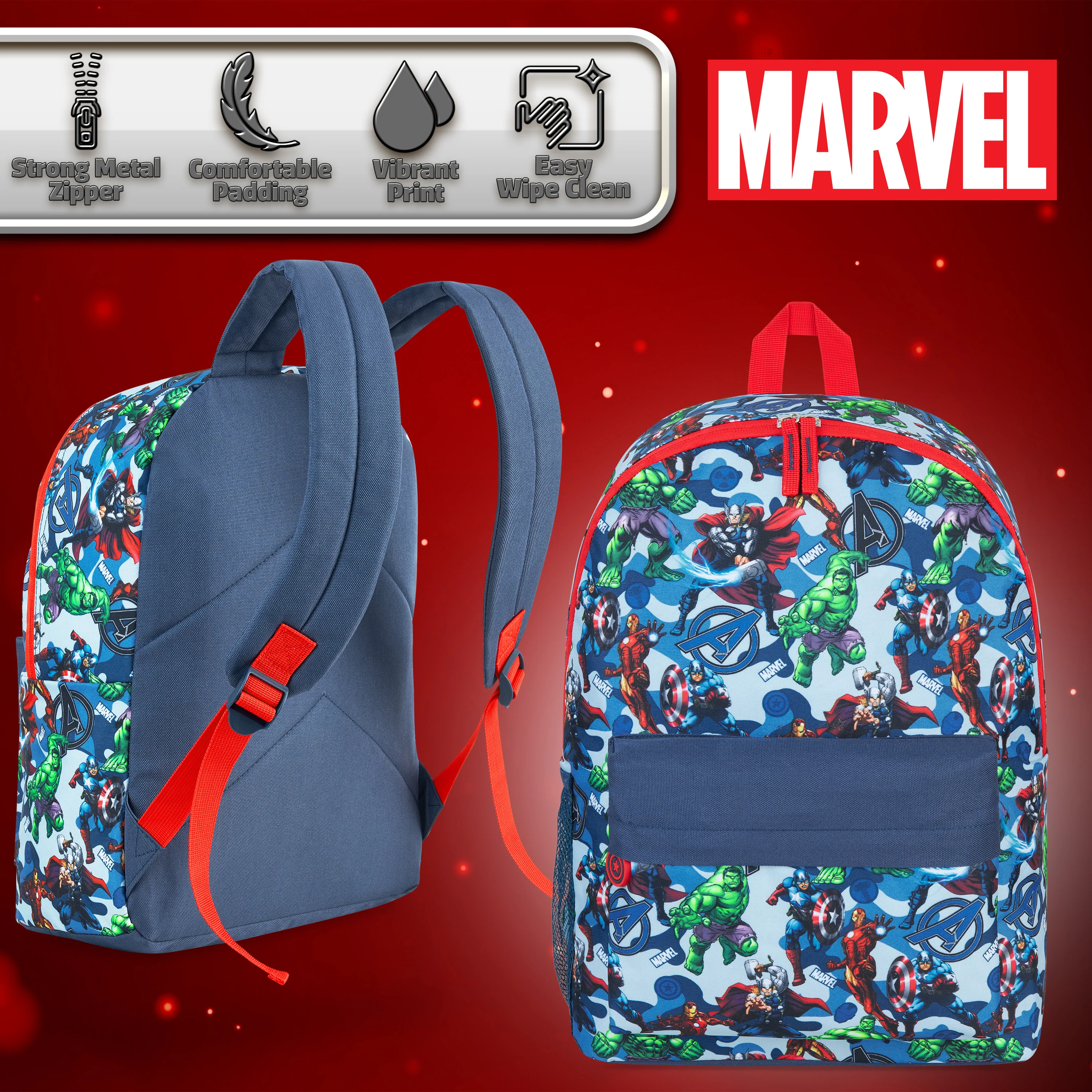 Marvel Kids Backpack, School Bag with Zipped Front Pocket - Avengers AOP - Image 4