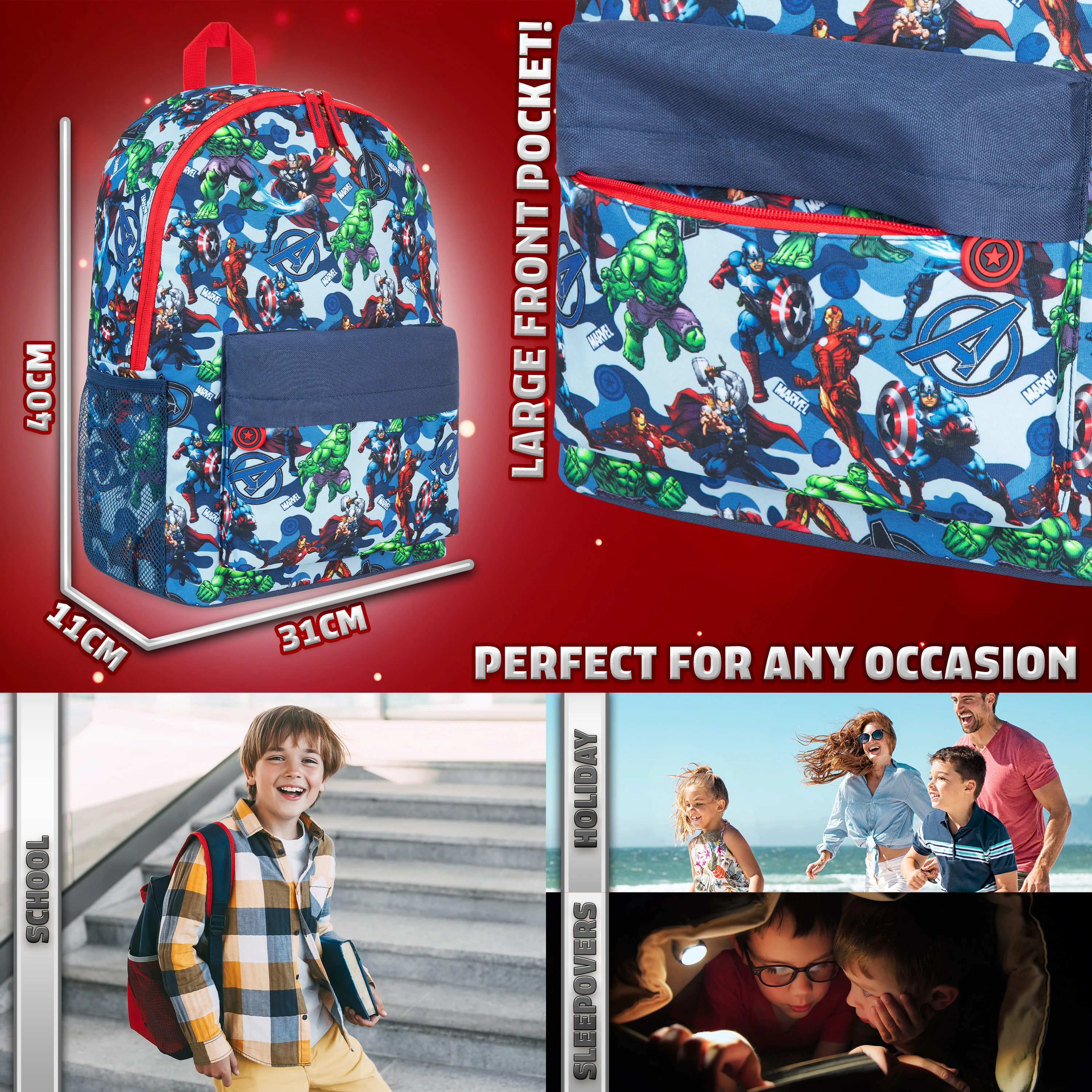 Marvel Kids Backpack, School Bag with Zipped Front Pocket - Avengers AOP - Image 5