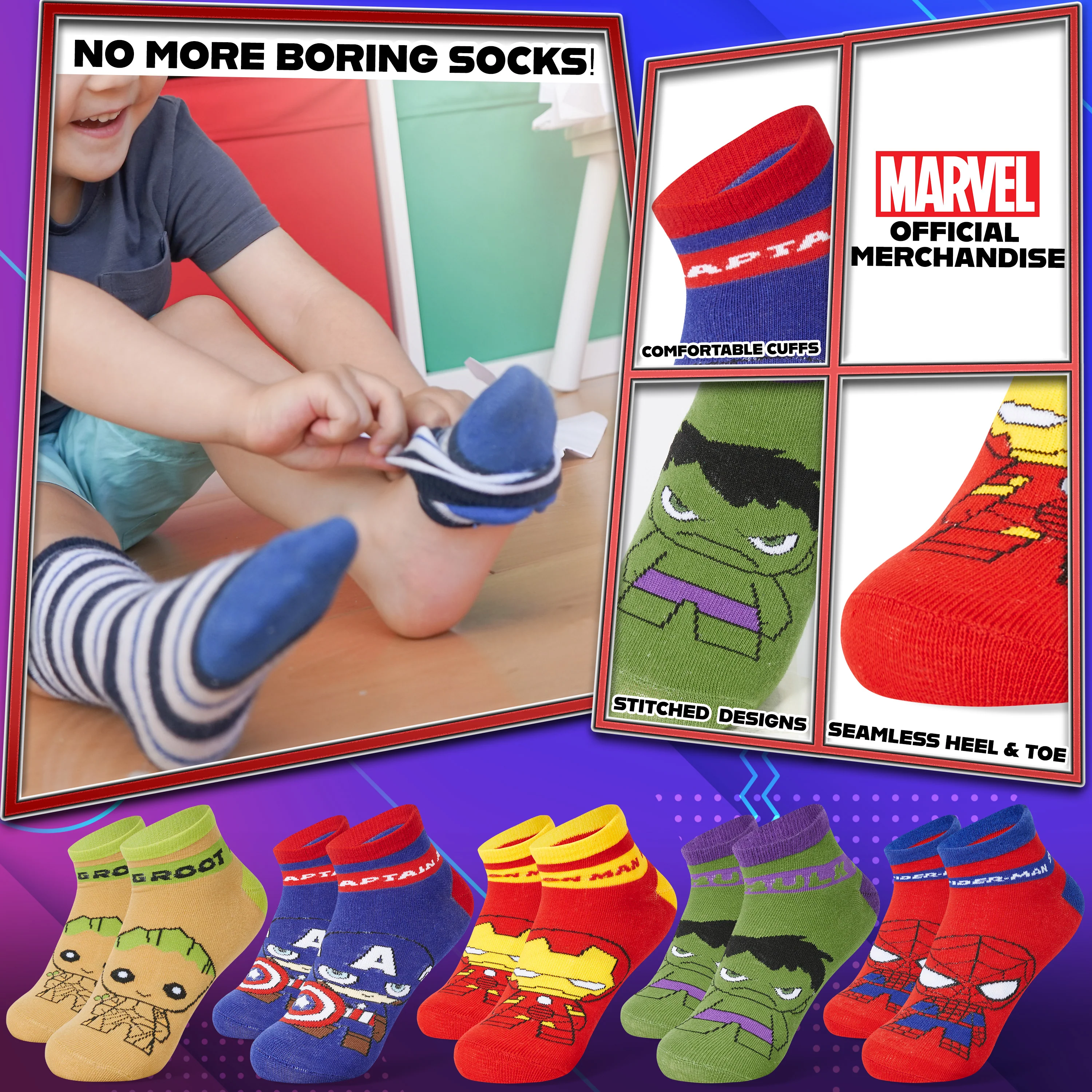 Marvel Boys Ankle Socks, Soft and Breathable Socks Pack of 5 - Boys Gifts - Image 3