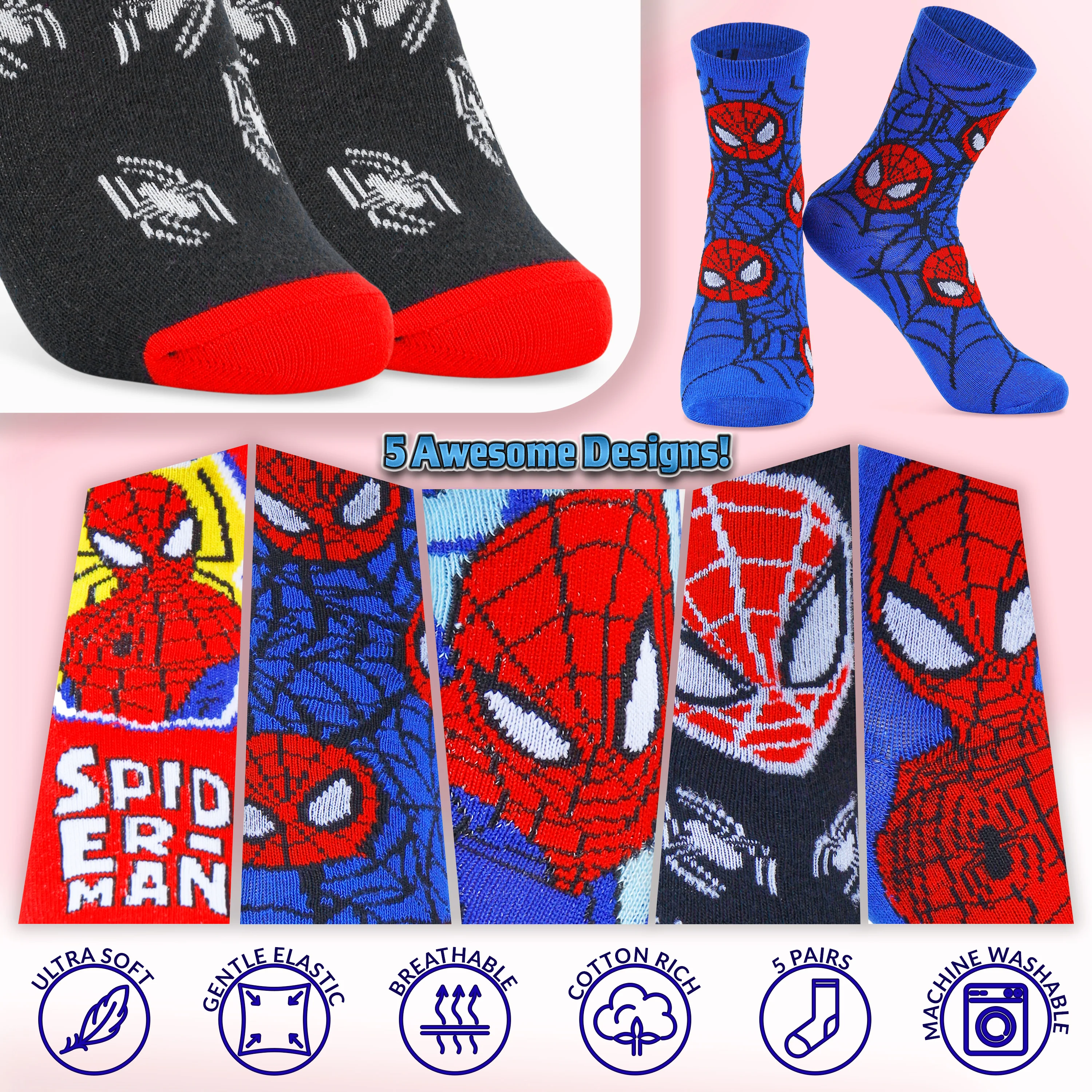 Marvel Boys Socks, Spiderman Multipack Crew Socks - Image 4