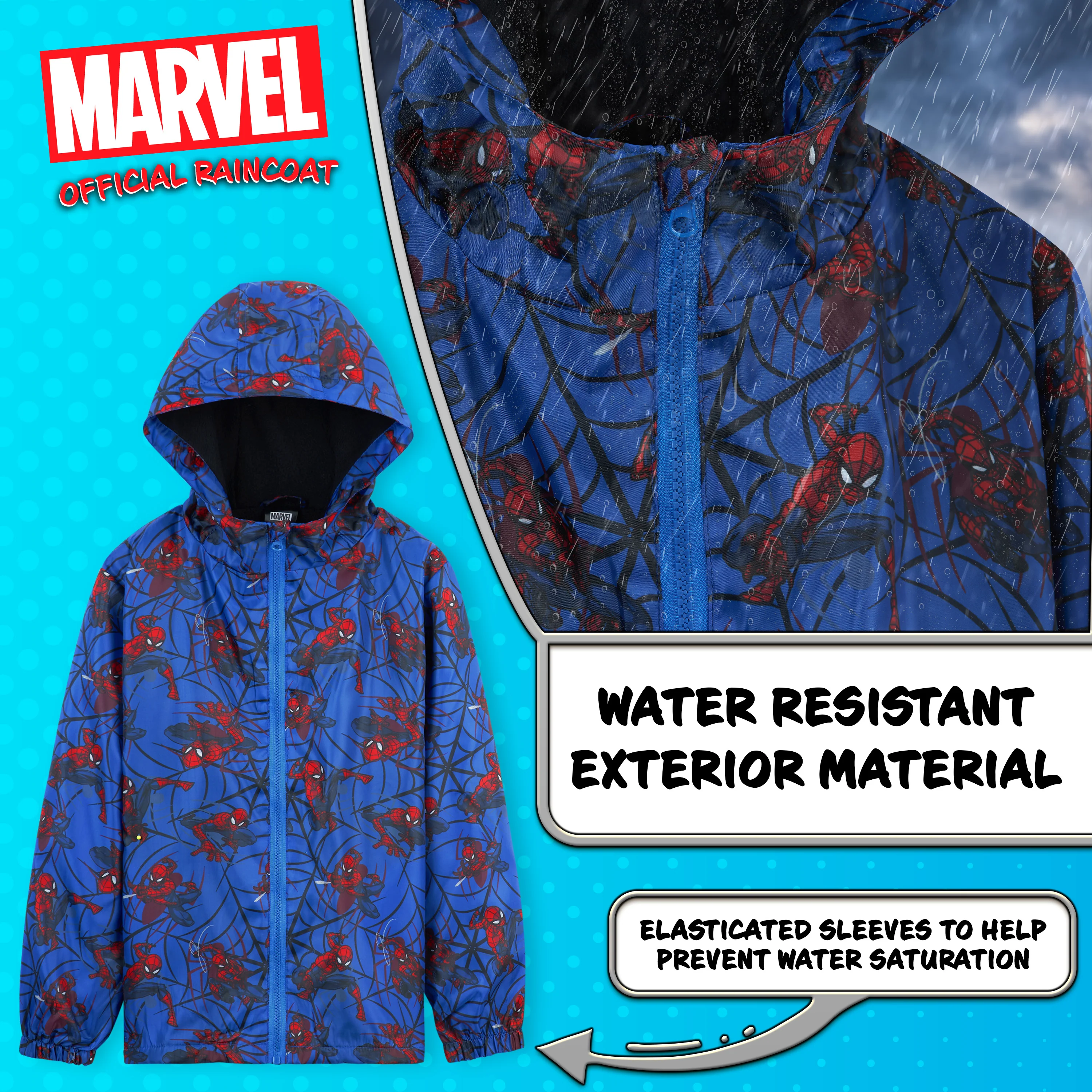 Marvel Boys Waterproof Jacket Avengers Spiderman Hooded Jacket Fleece Lining Raincoat - Image 3