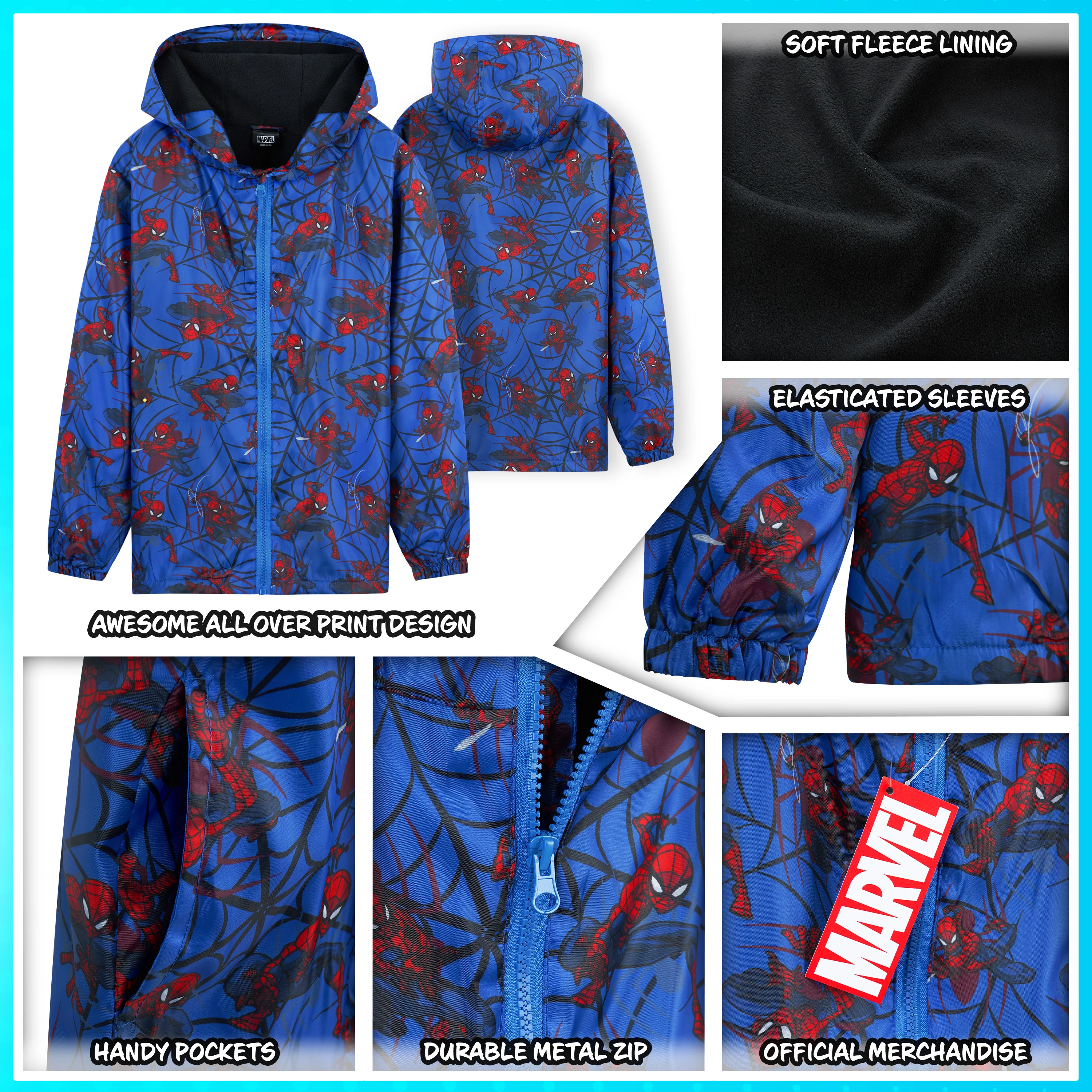 Marvel Boys Waterproof Jacket Avengers Spiderman Hooded Jacket Fleece Lining Raincoat - Image 5