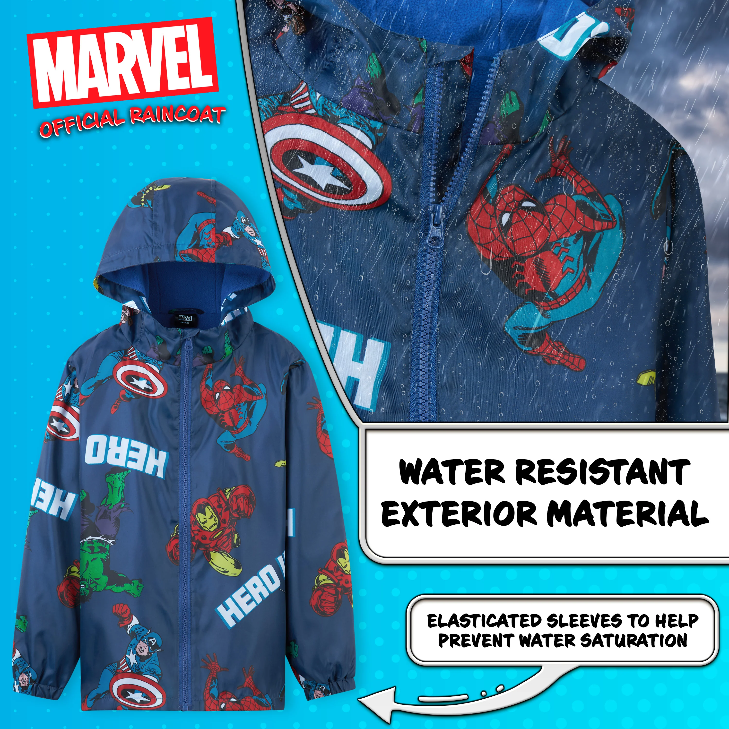 Marvel Boys Waterproof Jacket Avengers Spiderman Hooded Jacket Fleece Lining Raincoat for Boys Teenagers 4-14 Years - Image 3