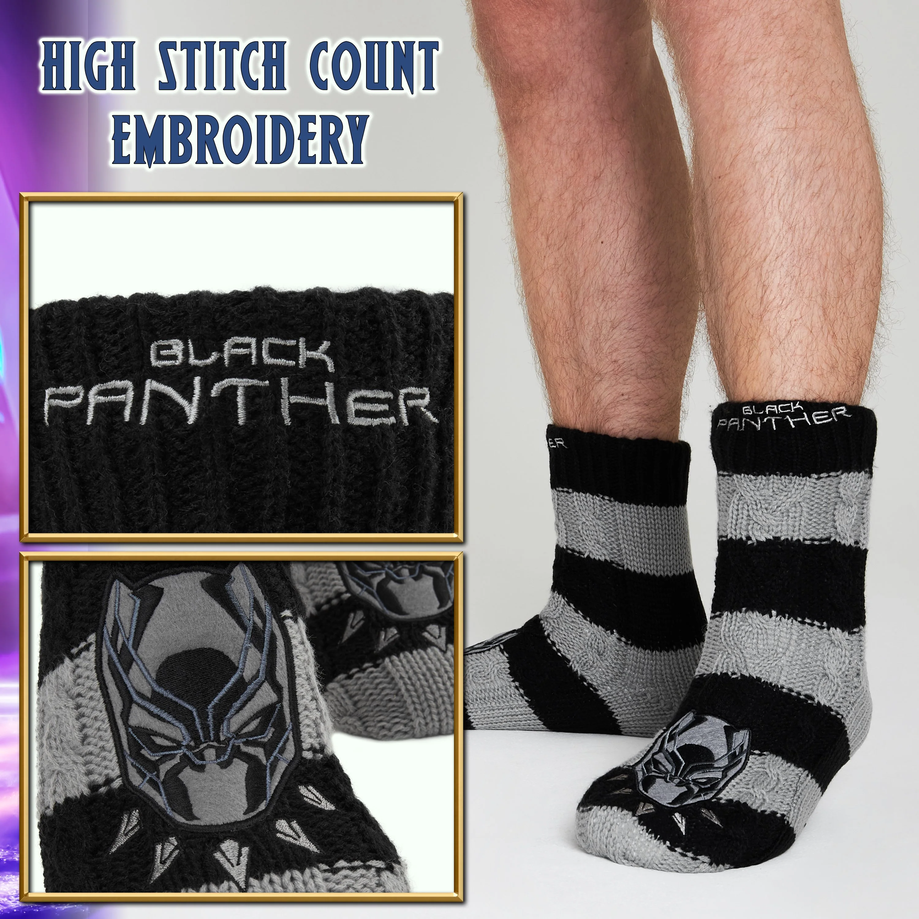 Marvel Fluffy Socks, Mens Slipper Socks, Black Panther Knitted Socks - Image 3