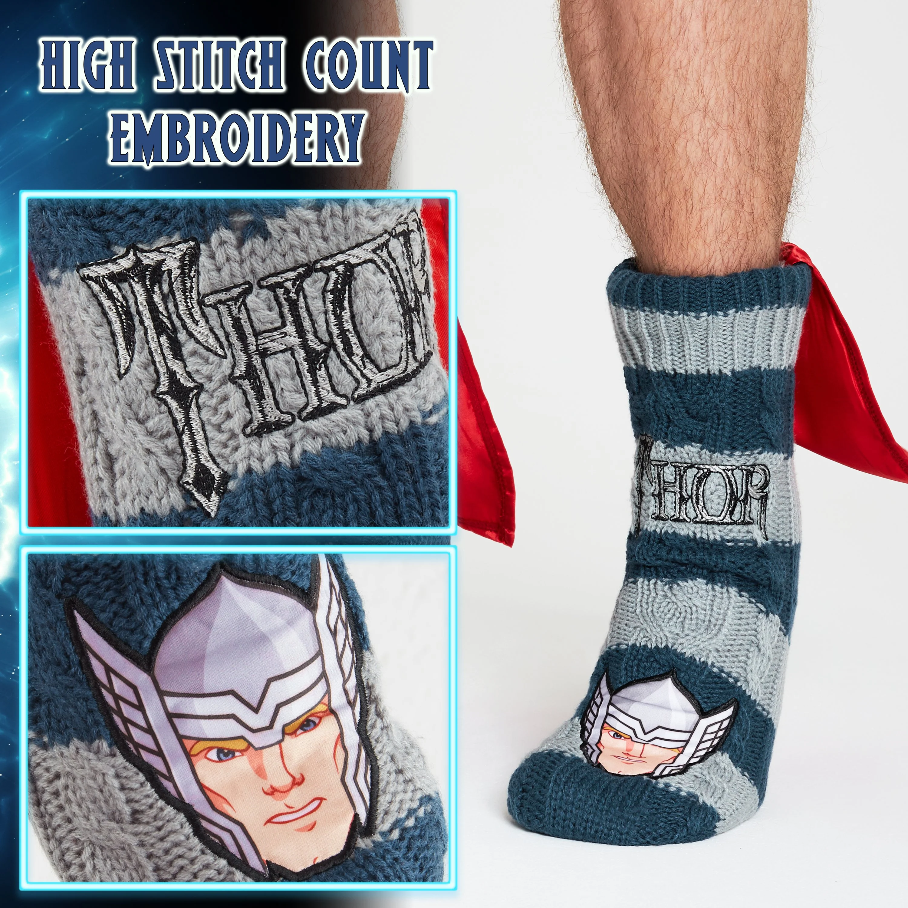 Marvel Fluffy Socks, Mens Slipper Socks, Thor Warm Knitted Socks With Cape - Image 3