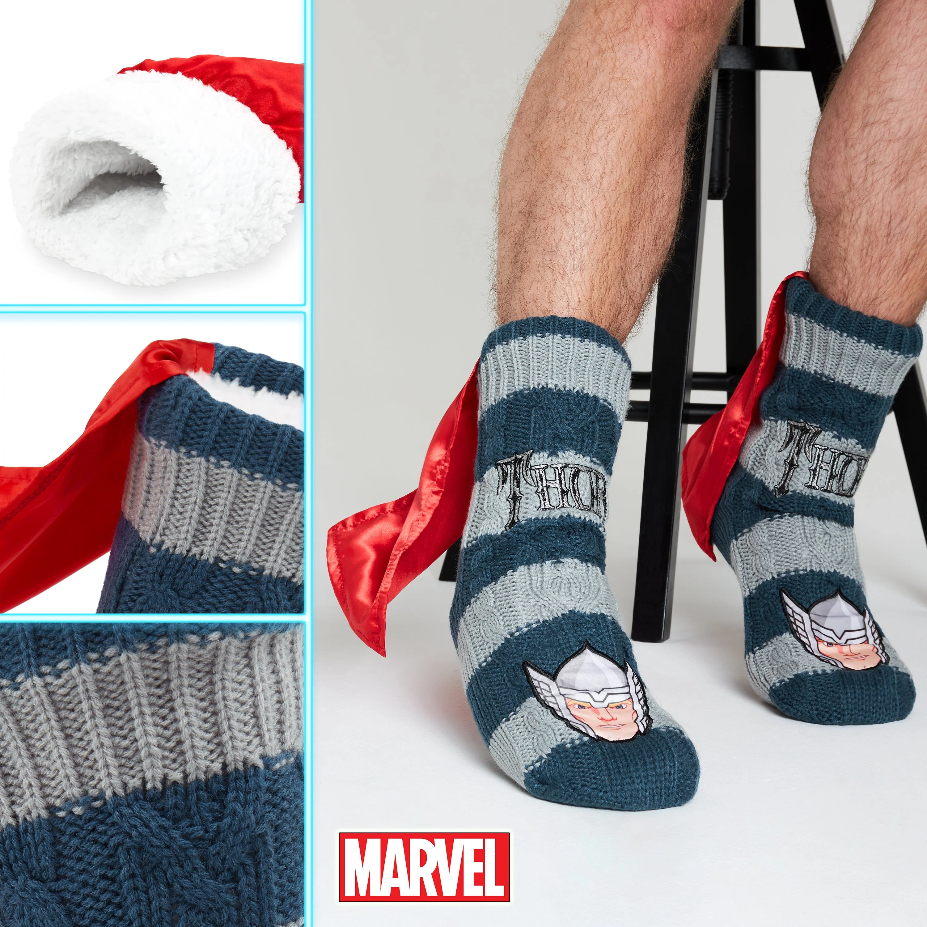 Marvel Fluffy Socks, Mens Slipper Socks, Thor Warm Knitted Socks With Cape - Image 5