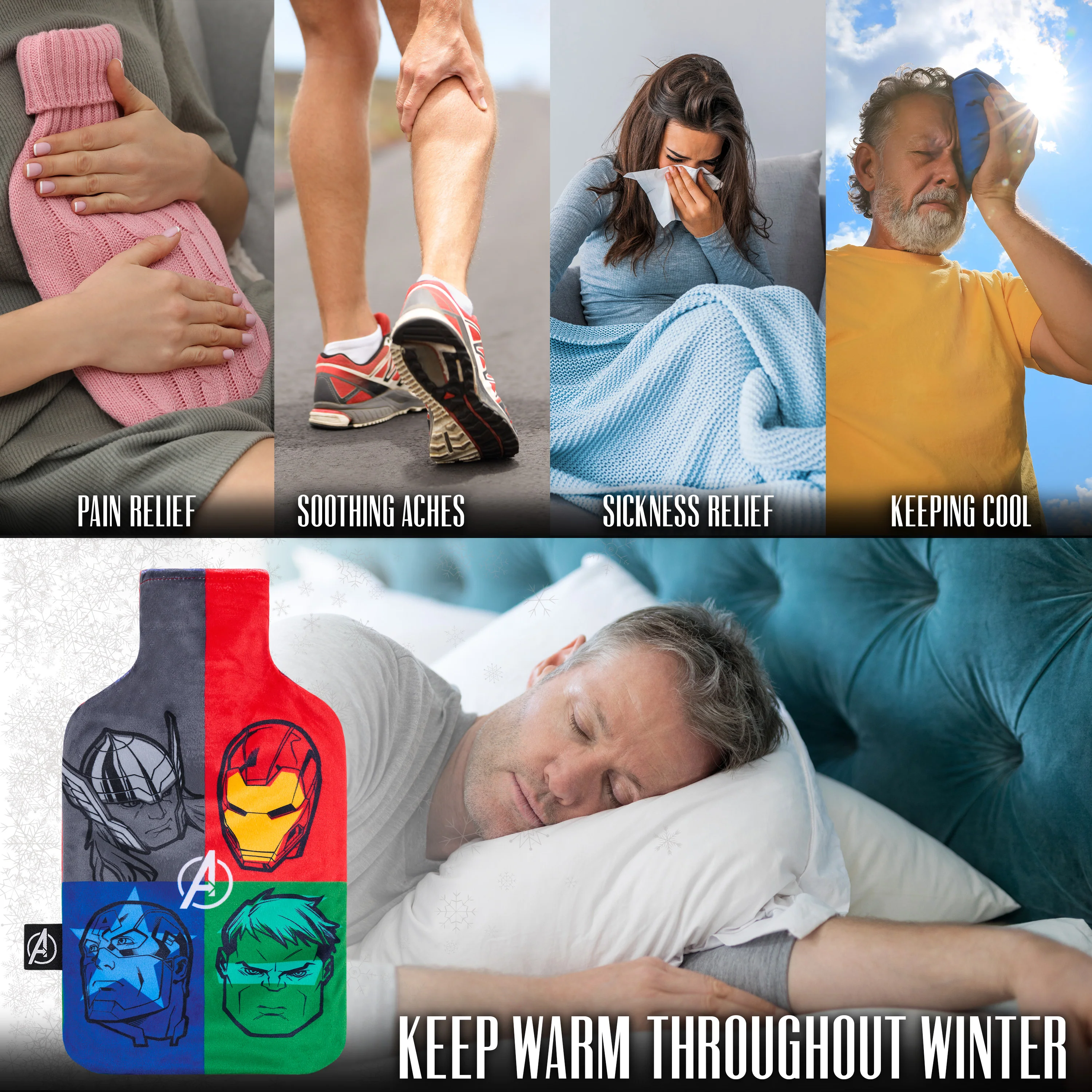 Marvel Hot Water Bottle with Fleece Cover - 1.7 or 2 Litre Capacity Rubber Hot Water Bag Long - Cosy Gifts for Men (Multi Avengers) - Image 3