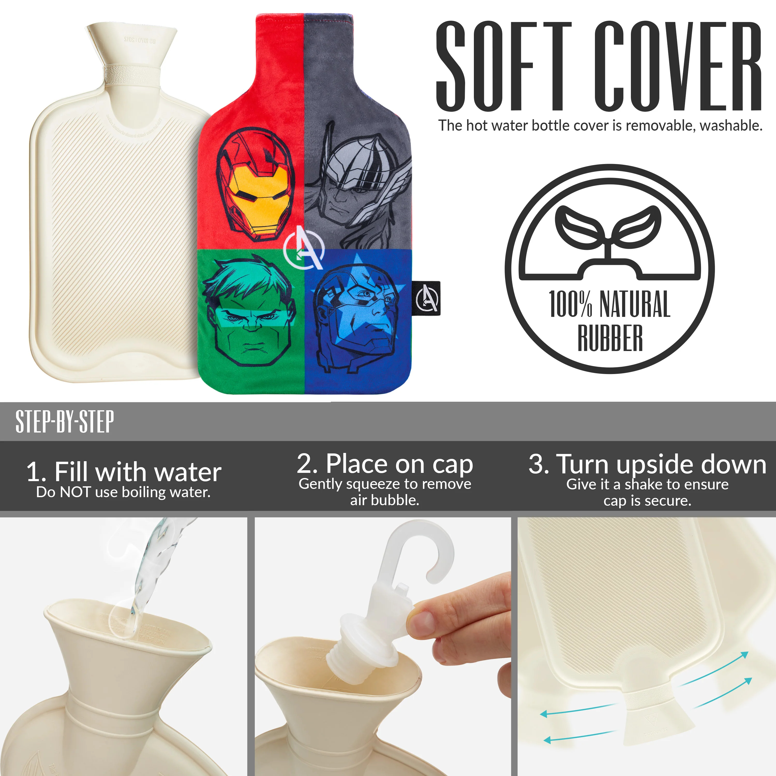 Marvel Hot Water Bottle with Fleece Cover - 1.7 or 2 Litre Capacity Rubber Hot Water Bag Long - Cosy Gifts for Men (Multi Avengers) - Image 6