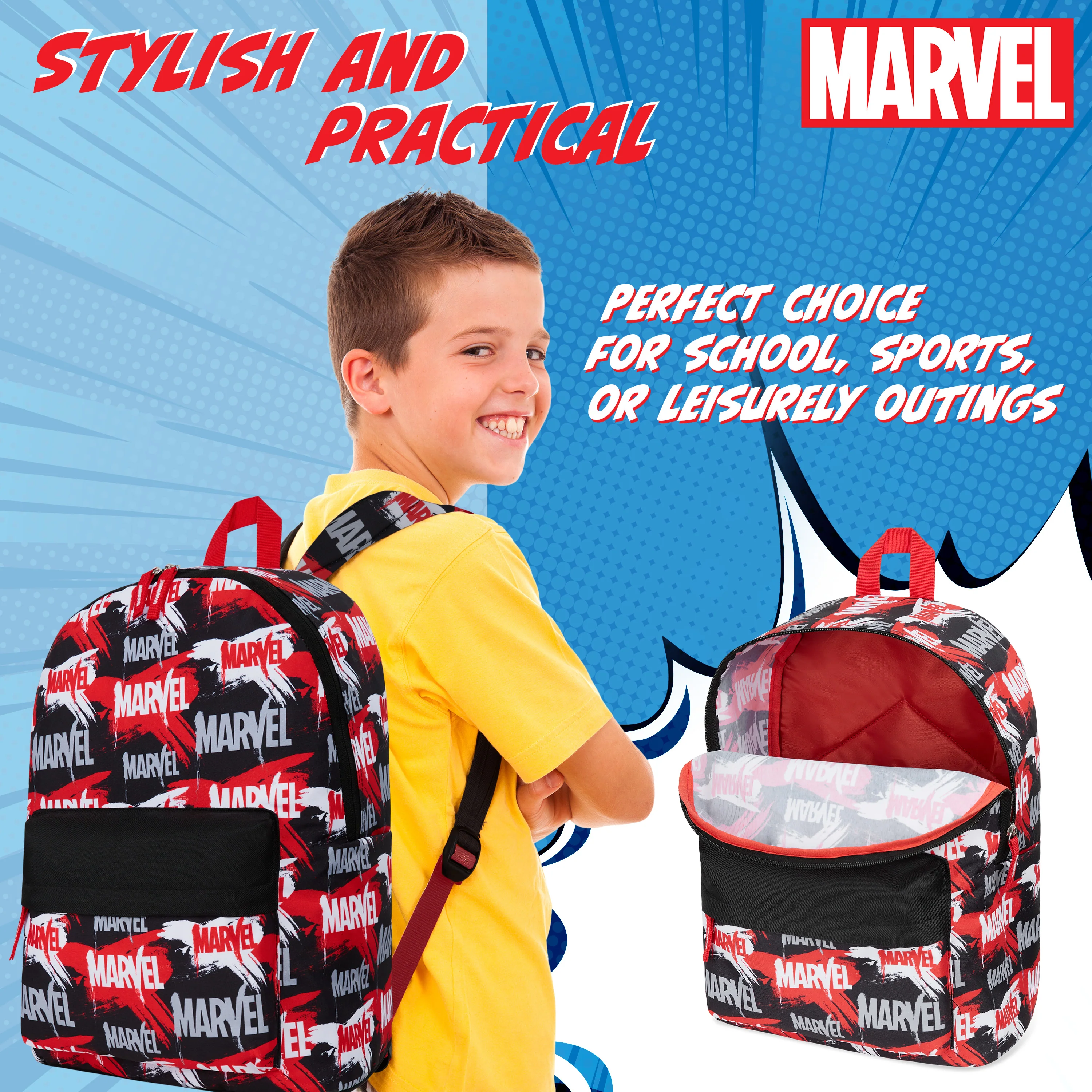 Marvel Kids Backpack, School Bag with Zipped Front Pocket - Red/Black - Image 3