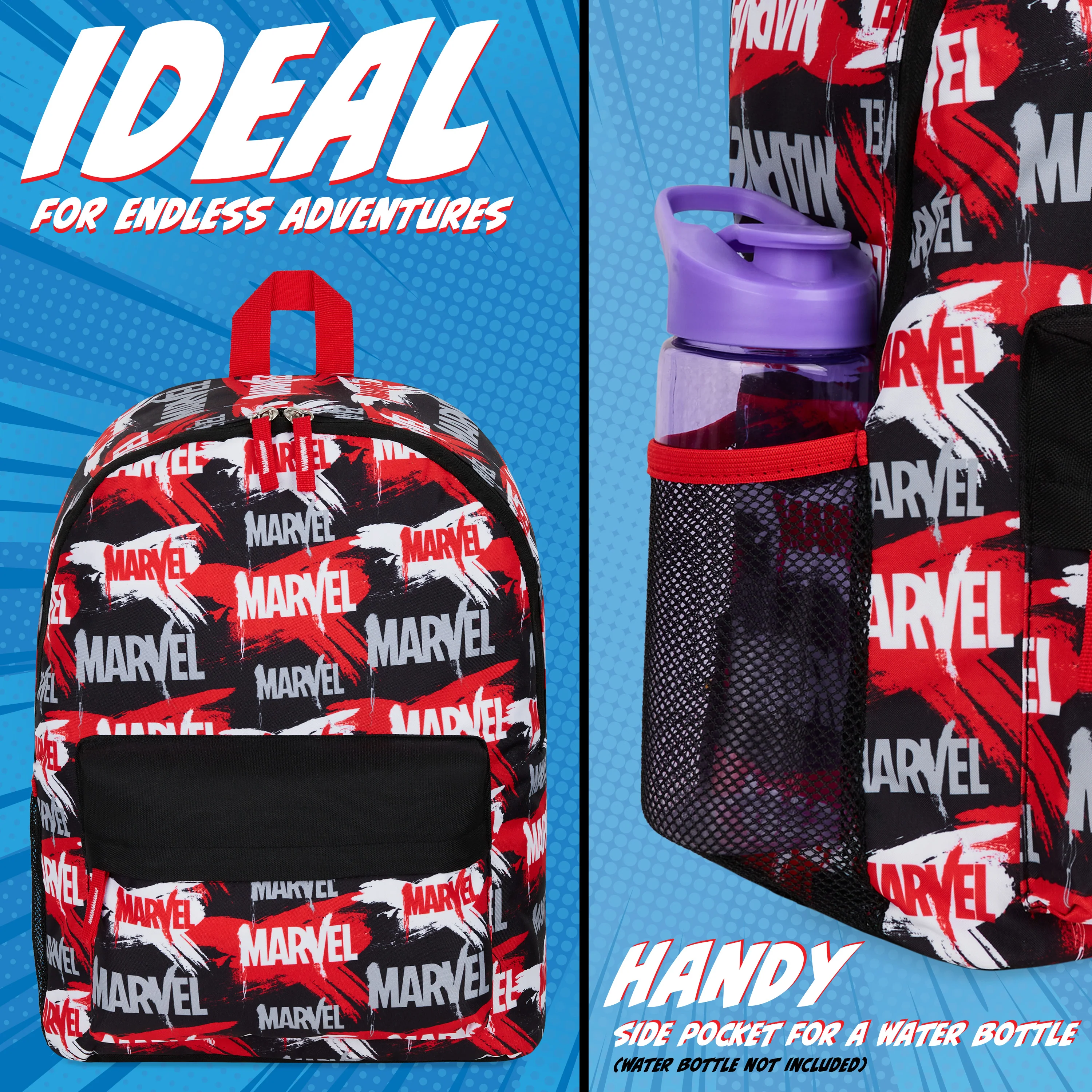 Marvel Kids Backpack, School Bag with Zipped Front Pocket - Red/Black - Image 4