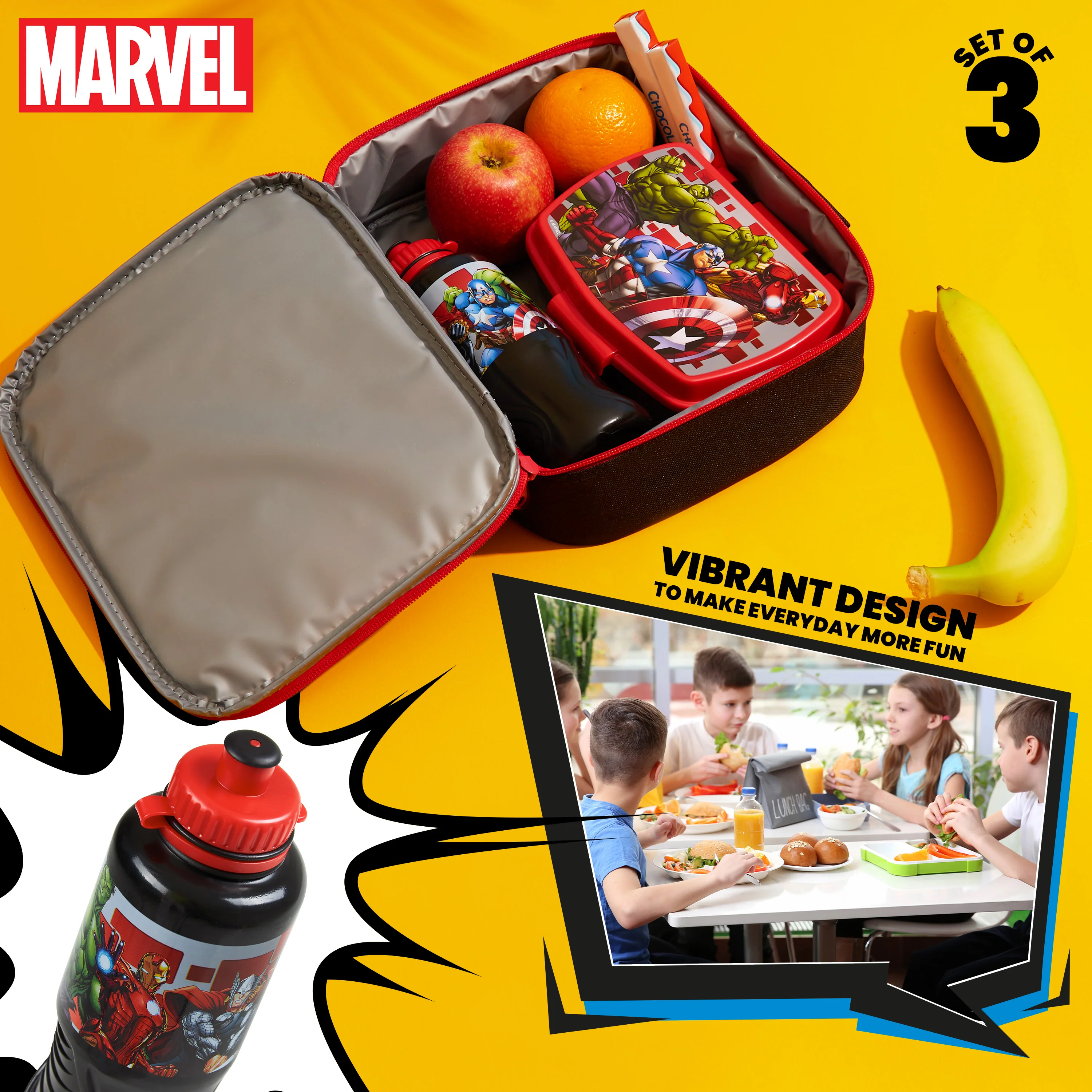 Marvel Kids Lunch Box 3 Piece Set Avengers Insulated Lunch Bag Snack Box 430ml - Image 6