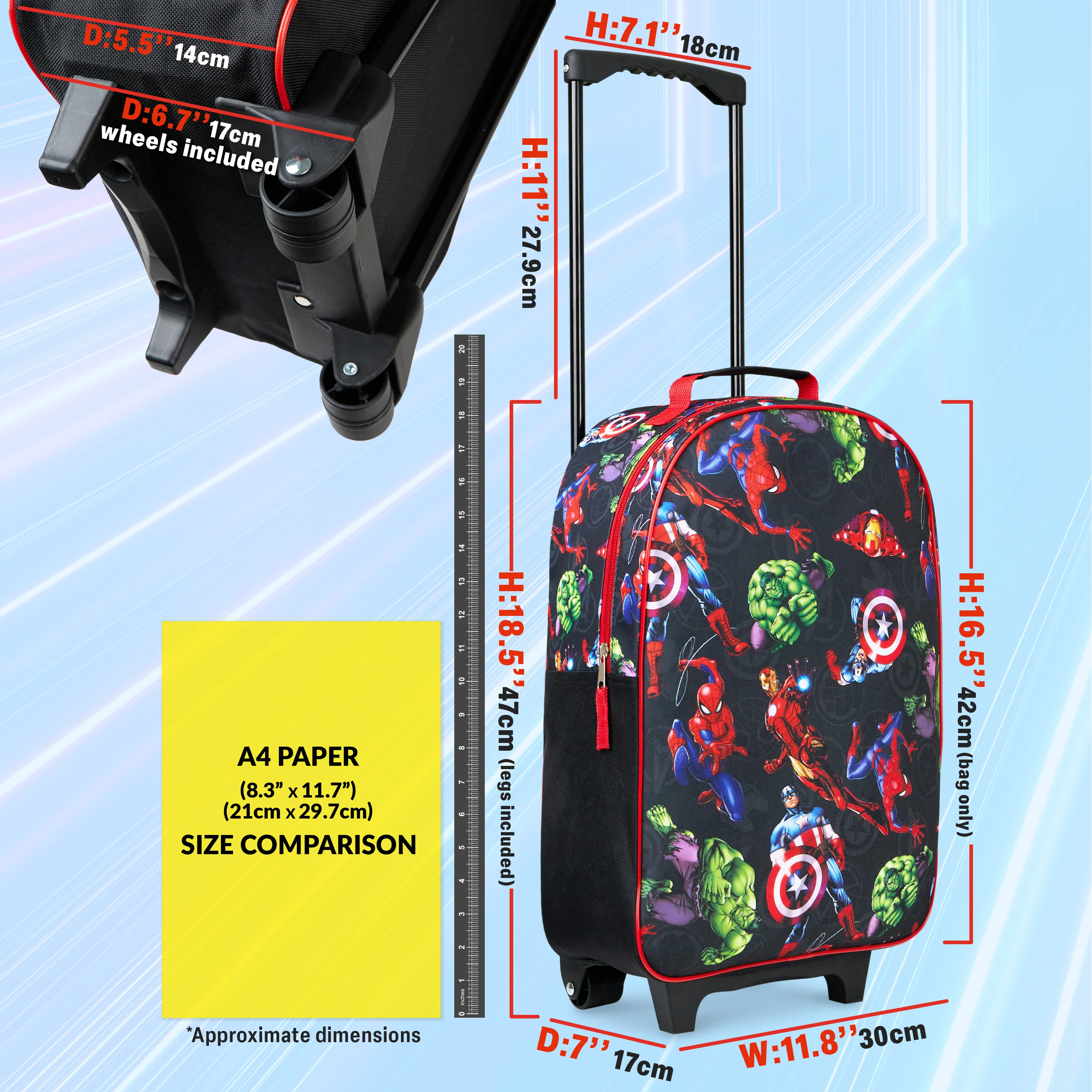 Marvel Kids Suitcase - Foldable Trolley Bag 47 x 30cm, 2 Wheels Extendable Handle - Image 2