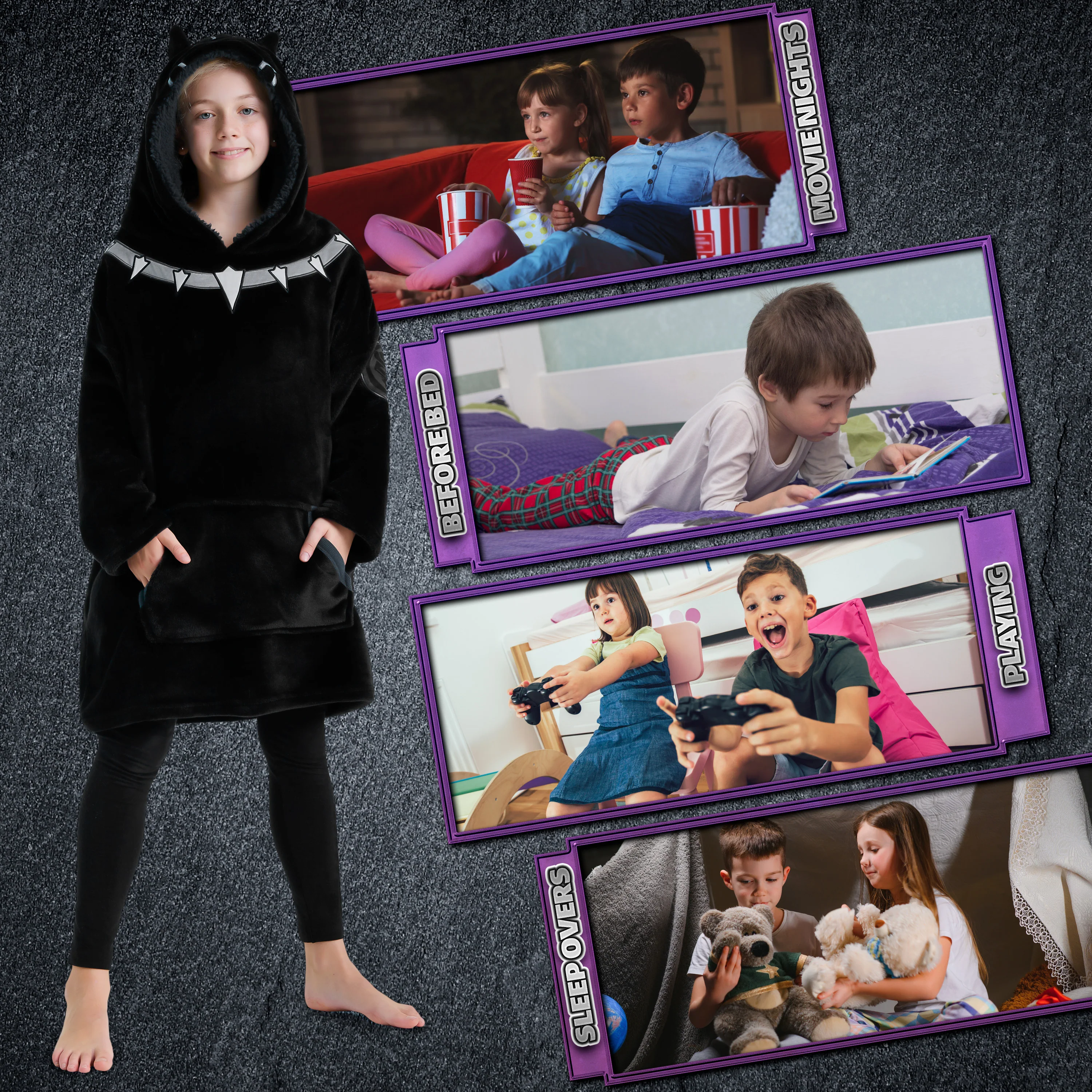 Marvel Oversized Hoodie Blanket for Kids, Black Panther Avengers Gifts for Boys - Image 3