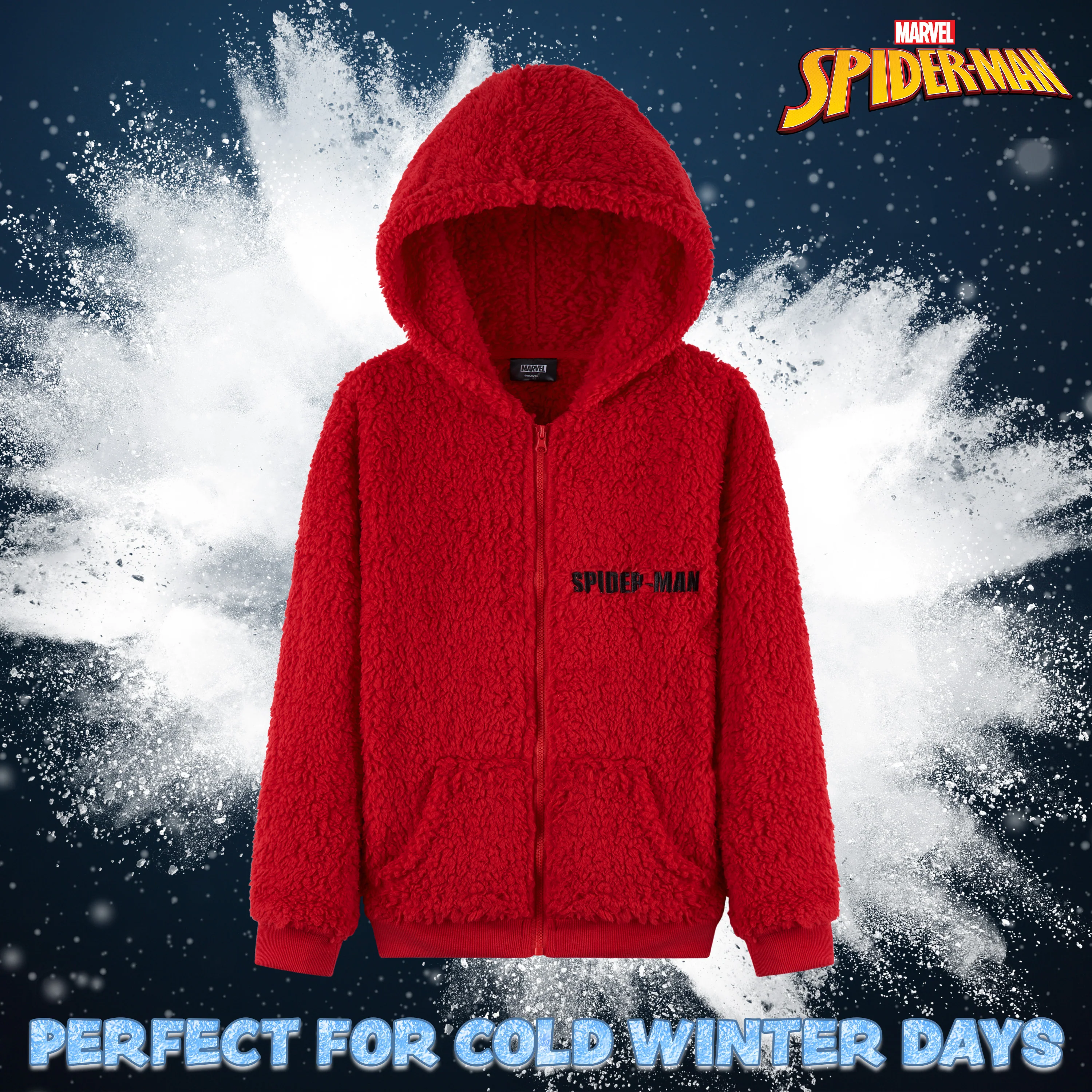 Marvel Sherpa Hoodie for Boys, Spiderman Zip Up Fleece Fluffy Hoodie - RED - Image 2