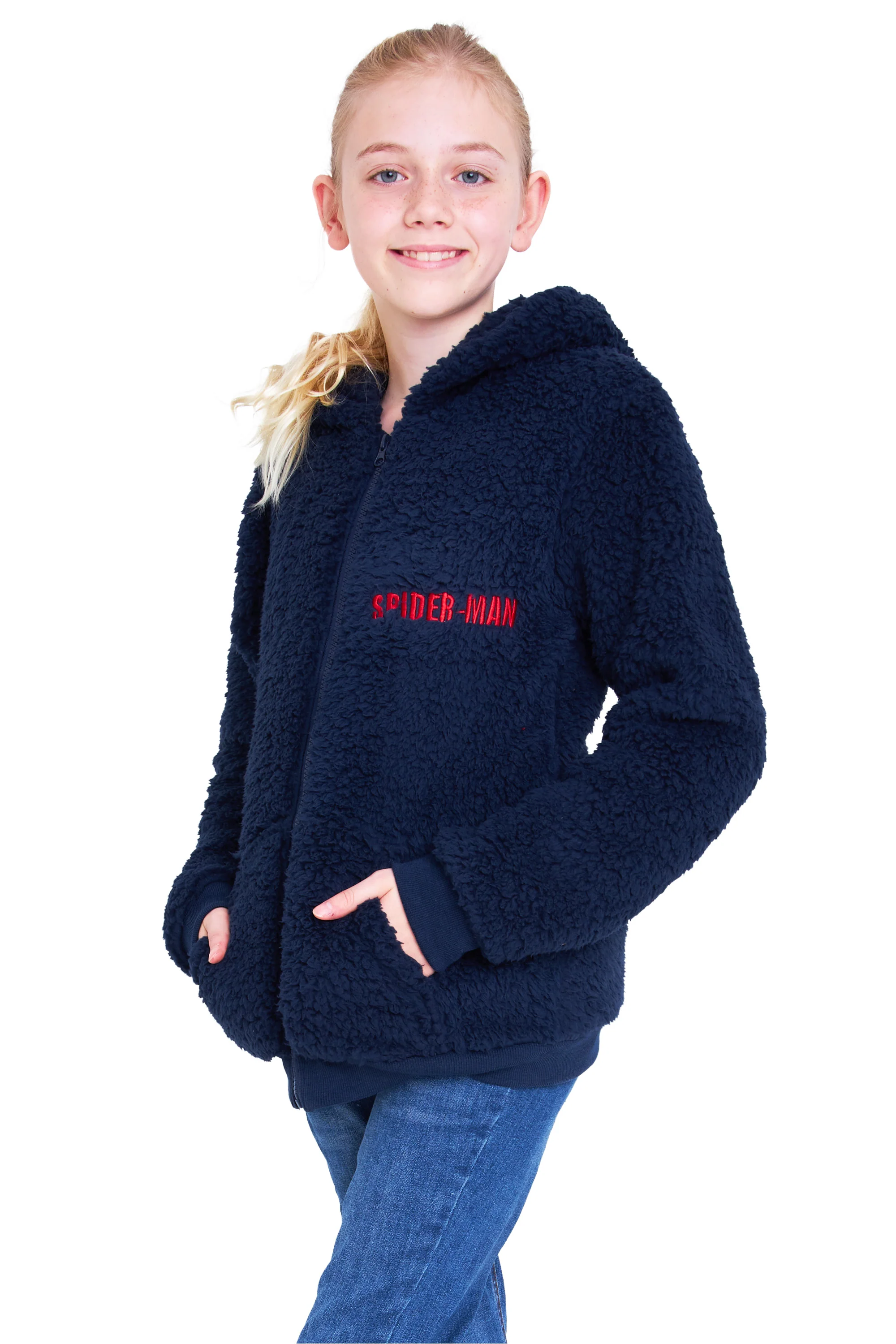 Marvel Spiderman Fleece Hoodie for Boys Fluffy Zip Up Hooded Jacket Teddy Fleece Warm Sherpa Pullover Long Sleeve Outerwear with Pockets