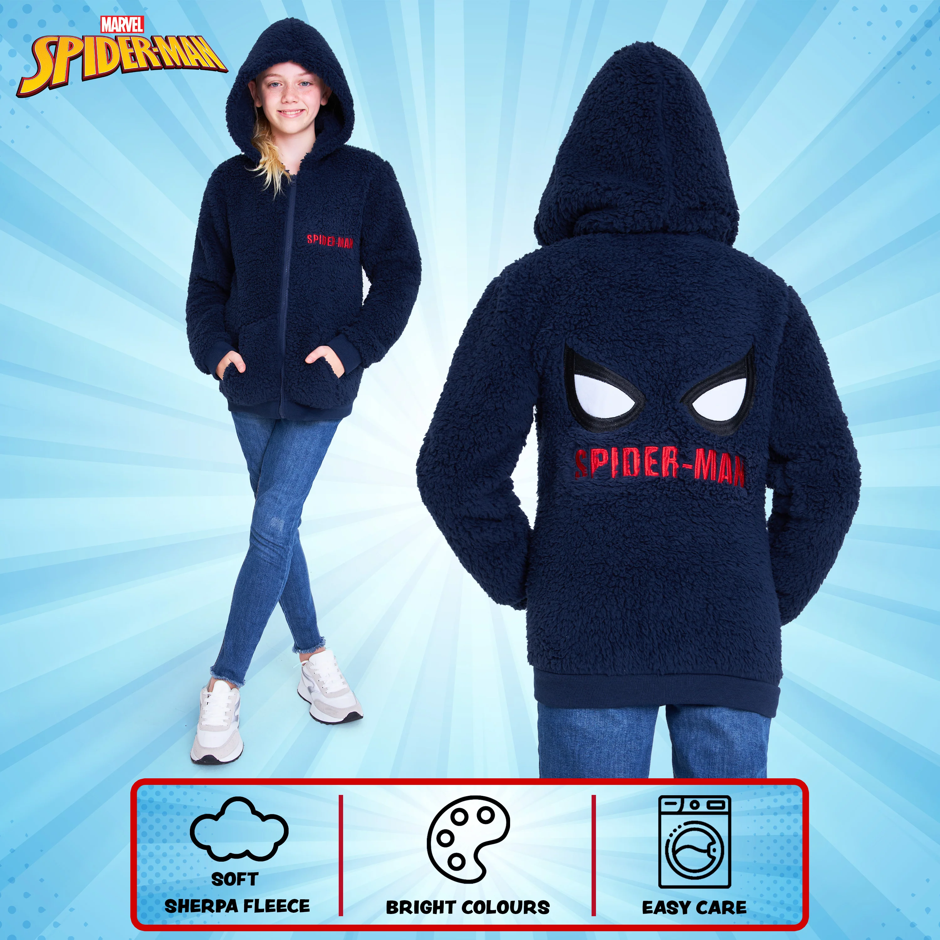 Marvel Spiderman Fleece Hoodie for Boys Fluffy Zip Up Hooded Jacket Teddy Fleece Warm Sherpa Pullover Long Sleeve Outerwear with Pockets - Image 6