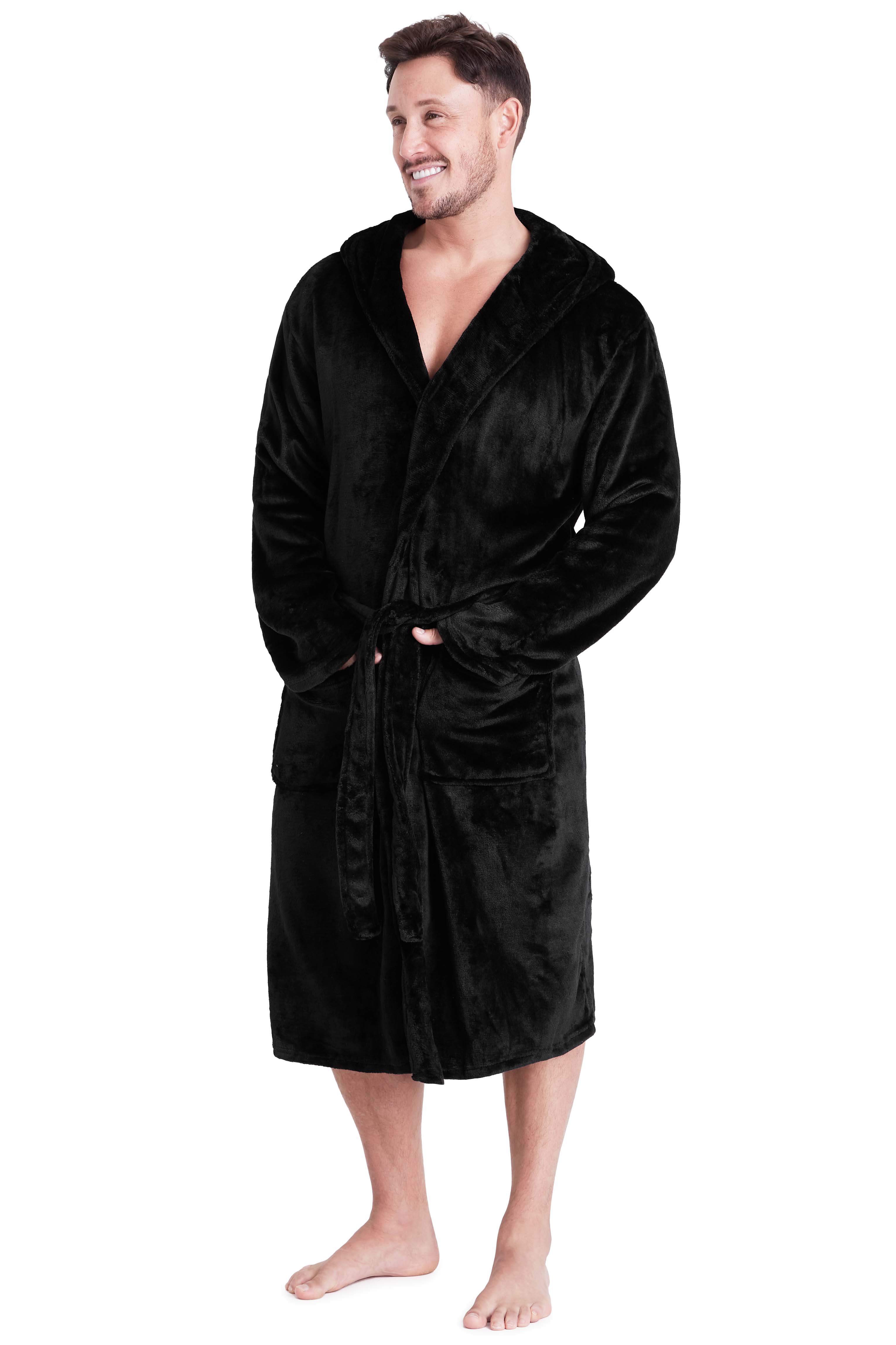 Mens Dressing Gown Super Soft Mens Fleece Robe with Hood Gowns Bathrobe