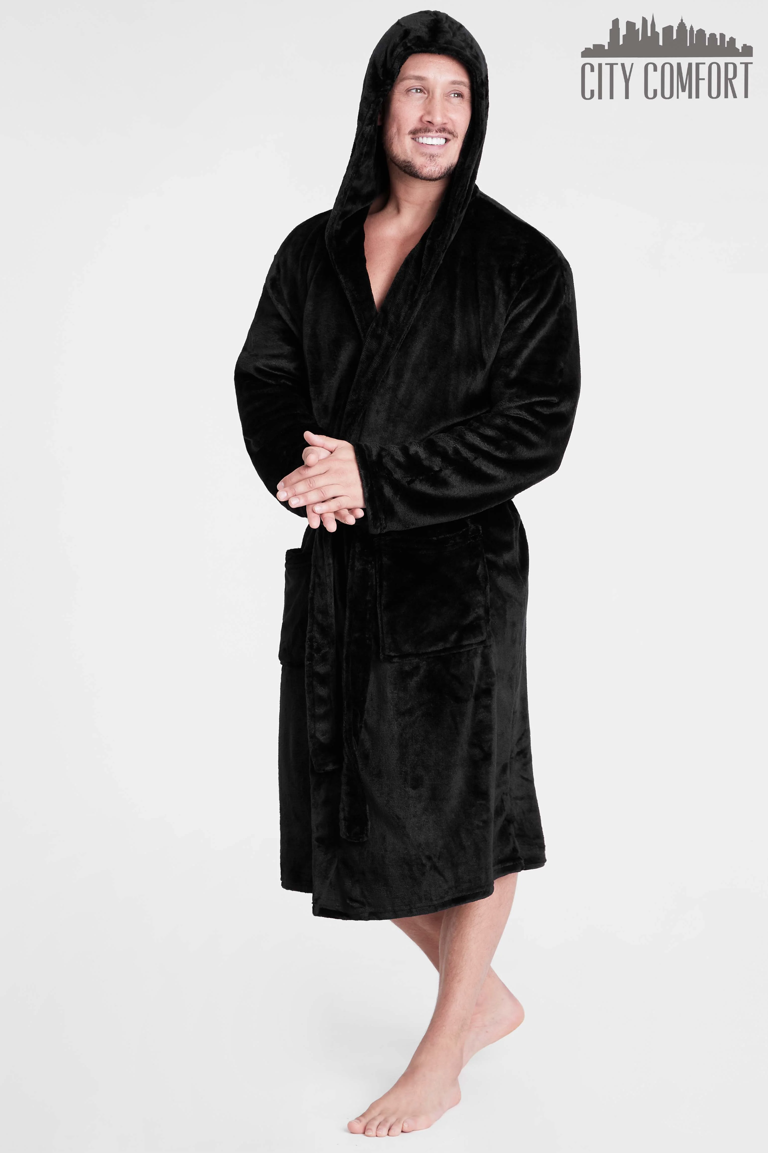Mens Dressing Gown Super Soft Mens Fleece Robe with Hood Gowns Bathrobe - Image 2