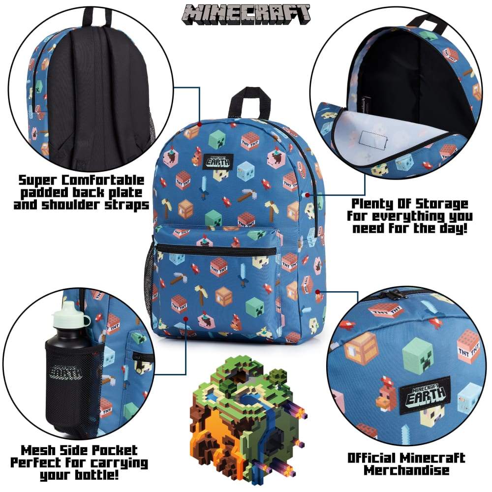 Minecraft Backpack Kids School Bag Set with Lunch Bag and Pencil Case (Blue) - Image 4