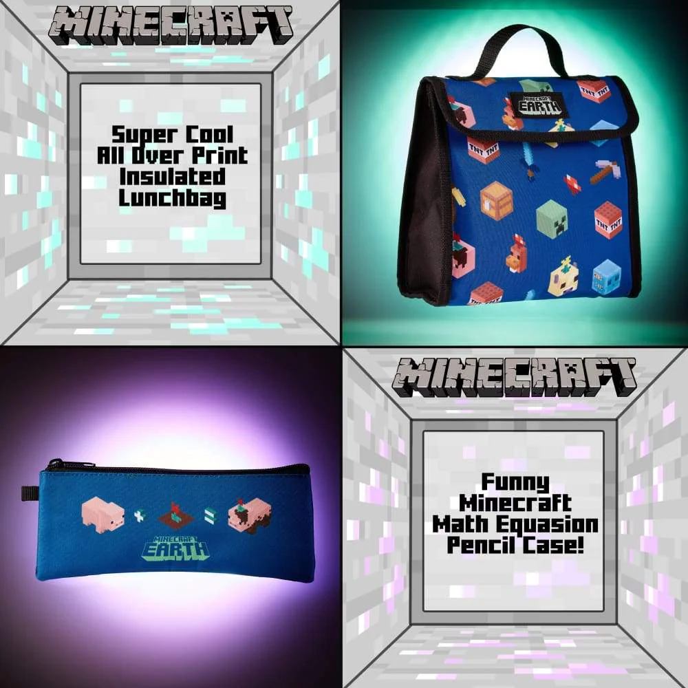 Minecraft Backpack Kids School Bag Set with Lunch Bag and Pencil Case (Blue) - Image 5